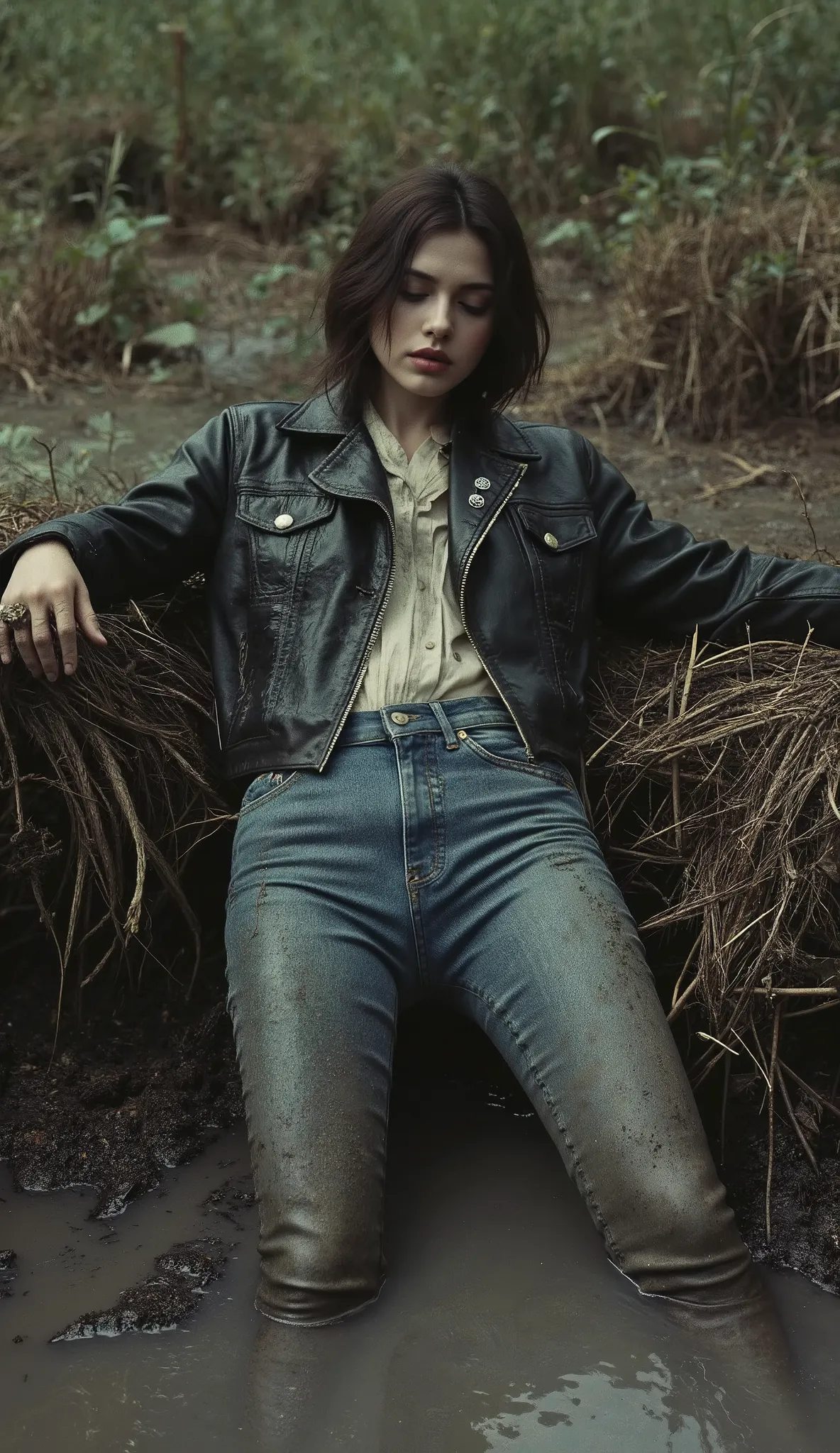 1980s film photo, woman tortured in fetish languor, jeans and biker jacket, drowning stuck in boga woman in fetish languor,1970s film photo style,detailed facial features,reclining pose,messy dirty faded leather tight biker pants,messy dirty faded biker ja...