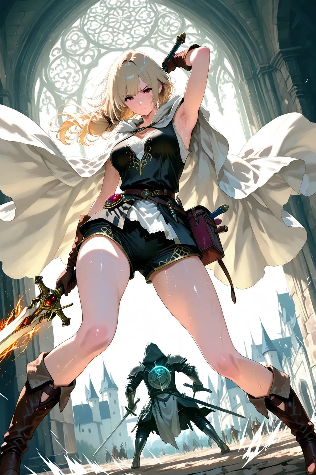 Masterpiece, 8k, fantasy world, female character, 1girl, high detailed silk black tunic, (wind blows), wide shorts, glove, boots, slender body, medium breasts, pigeon toed, white long cloak with hoodie, long hairstyle, thin blonde hair, many items, cinematic lighting, dramatic atmosphere, intricate details, vivid colors, fantasy landscape, medieval castle town, digital art, holding a long sword, magic portion, hip bag, (slashed attack:1.3), midday, (attack the khaos monster:1.3), (She dances with her sword, slashed down khaos monster one after another:1.3), battle scene, (dynamic action pose:1.2), spread legs, sweaty armpits, dynamic angle shot, 
