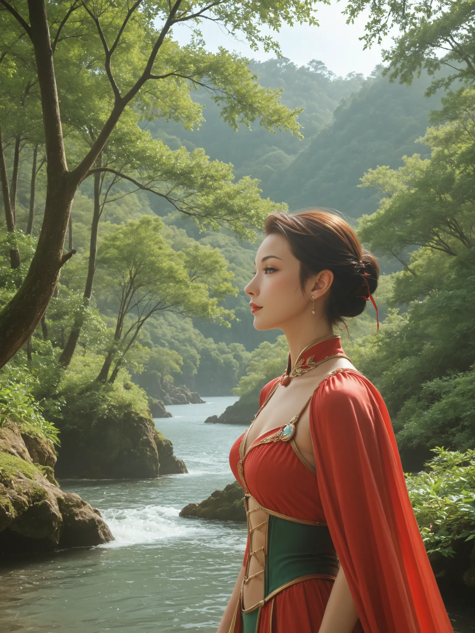 From the side,Waist,deedlit, tree branch by the sea,watch viewers,forest,wind,Rhodes Chronicles,High Elves,fantasy taken with a Nikon Z7 II mirrorless camera,Mizuno Ryo,8k,masterpiece