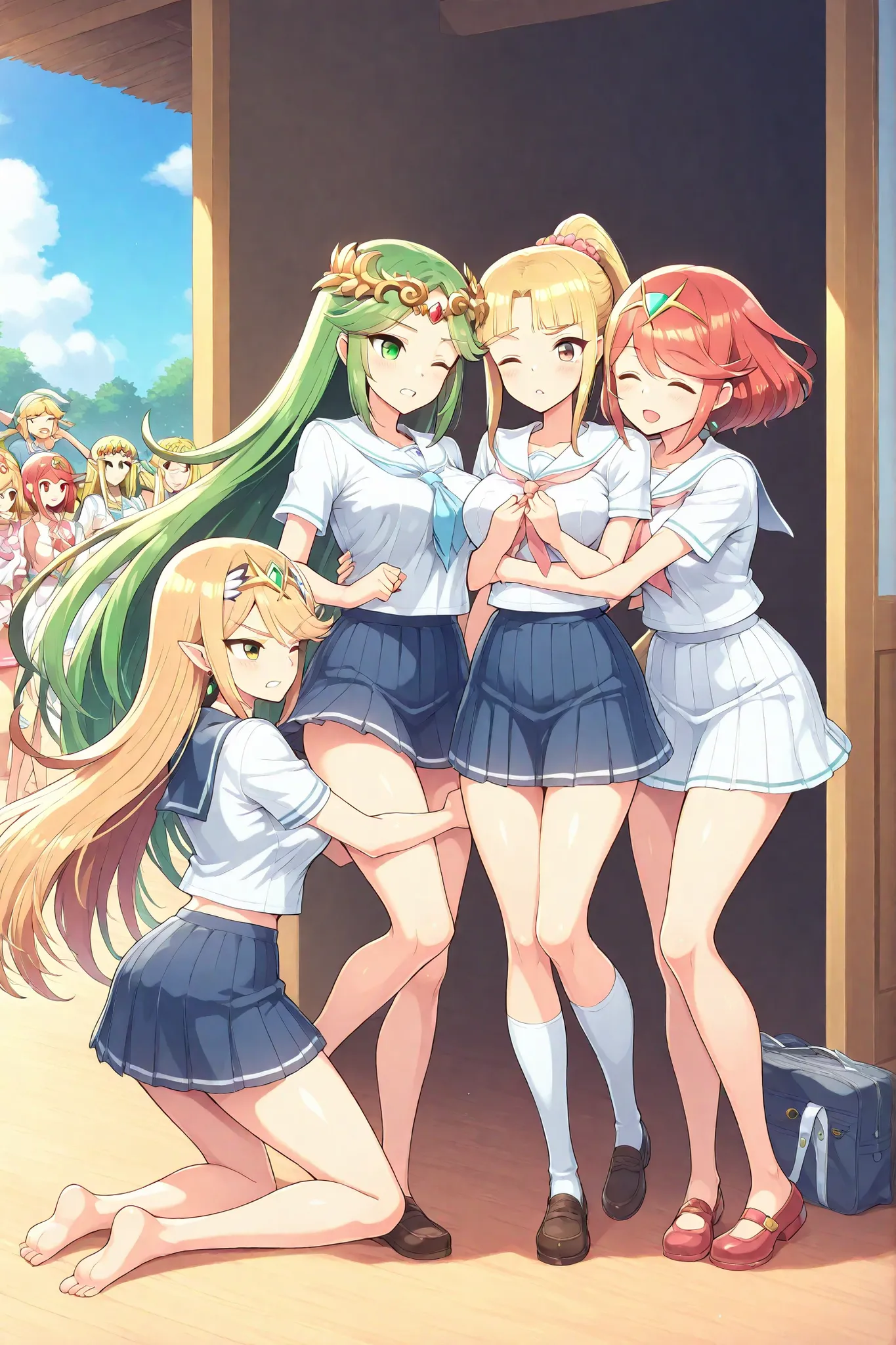 multiple girls group, 1 girl, Palutena, green hair, 1 girl, The Legend of Zelda: A Link Between Worlds, blond hair, 1 girl, Pyra, red hair, 1 girl, Mythra, blond hair, summer, school costume, out doors, school, wind, group hug