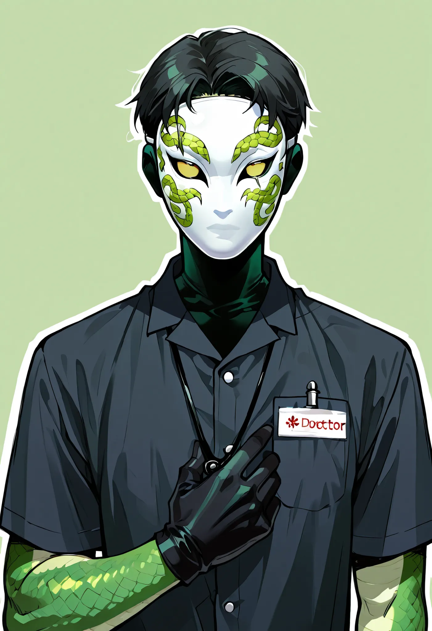 the guy  ((wearing white face mas mask, green snake design on mask)) ((black doctor scrubs)), Adult male, solo, male focus, short black hair Style , black gloves