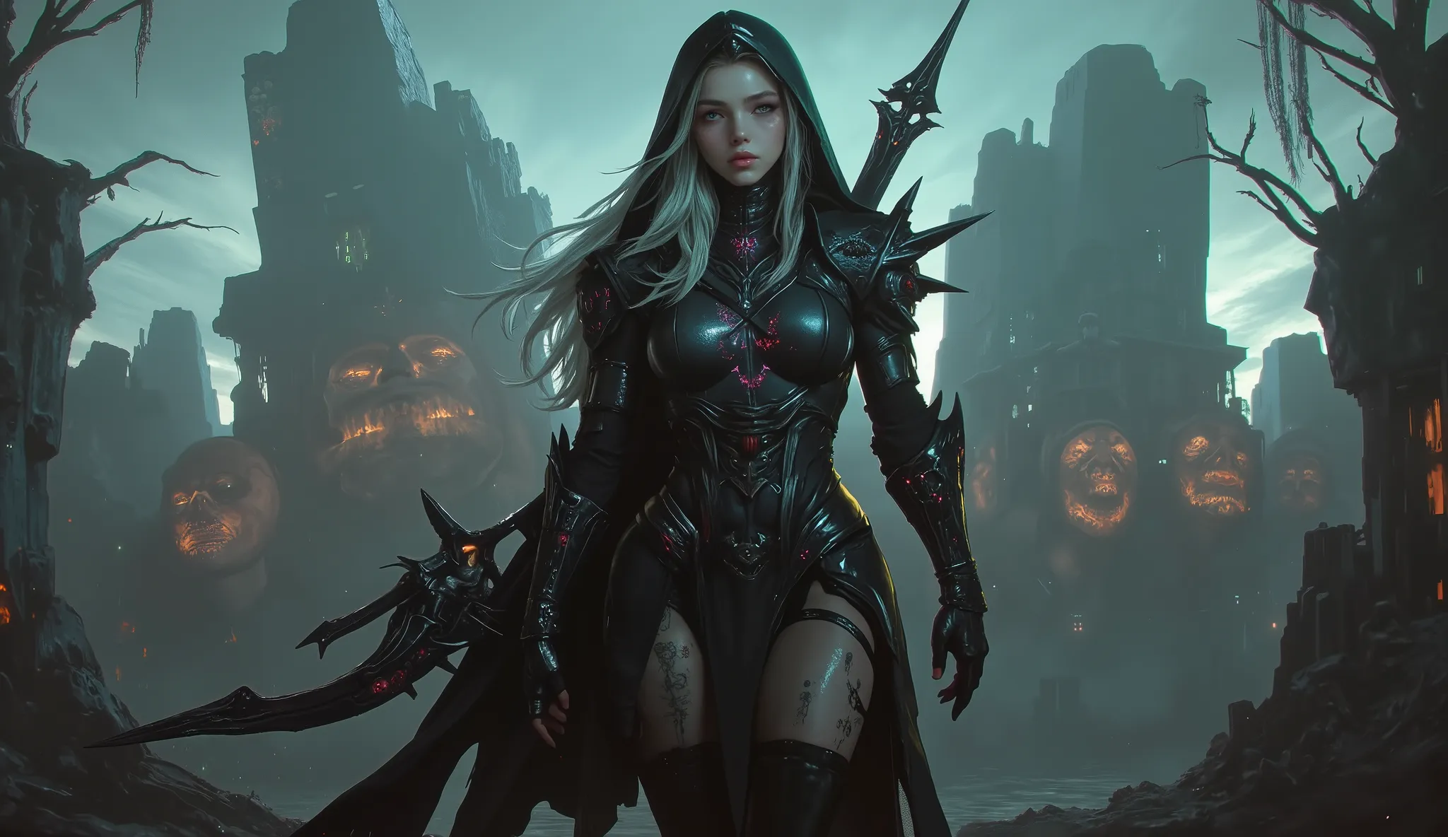 Dark fantasy portrait of a sinister Drukhari elven huntress in corrupted armor, standing amid a cursed, war-torn alien wasteland. Her skin is deathly pale gray, almost ashen, veined with faintly glowing black sigils. Her blood-red eyes burn with ancient cr...