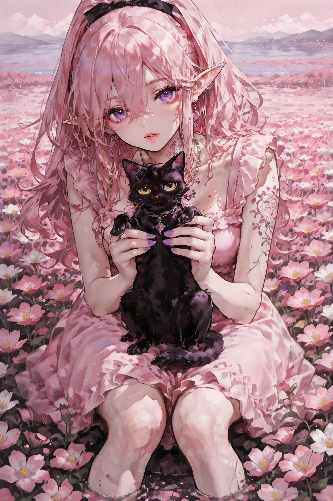 (solo、petite girl getting her knees、pink hair、long hair、ponytail、Hair between eyebrows、elf ears、purple eyes、Parted lips、pink lips、jewelry、earrings、necklace、flower neck tattoo、spot color、elegant posture、Purple Nails,)pink summer dress holding a cat with bot...