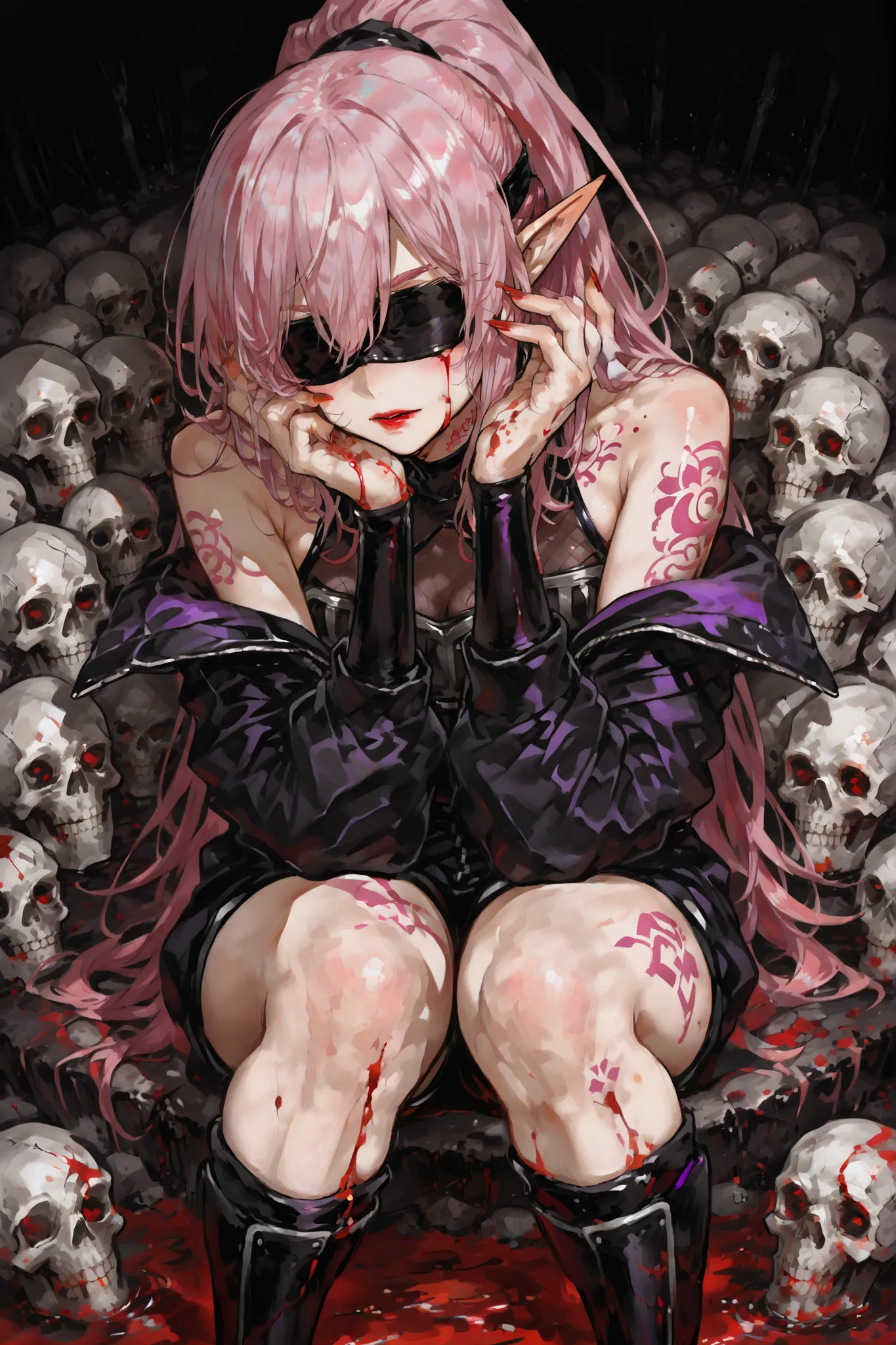 ((solo、petite girl getting her knees、Ninja、Ninja、Ninja服、Ninja costume、bare skin shoulders、hiding half of the face with a black blindfold、cover both eyes with blindfolds、Long sleeve、Pink Long Hair、ponytail、Hair between eyebrows、elf ears、Soft Gaze、Crimson li...