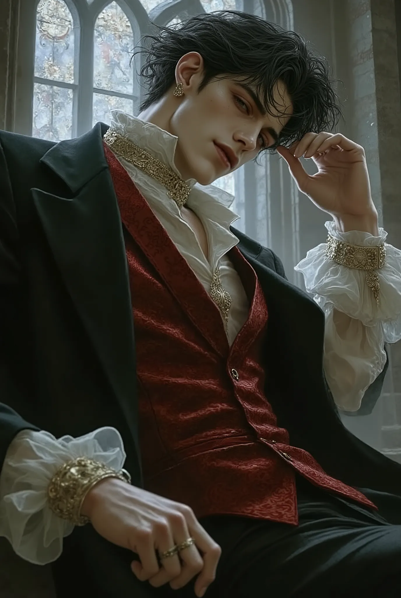 A seductive dark-haired man, around 23 years old, with tousled black waves and piercing grey eyes, posing in an extreme foreshortened angle from below. The view starts from his legs, emphasizing his strong thighs, narrow waist, and broad shoulders as he le...
