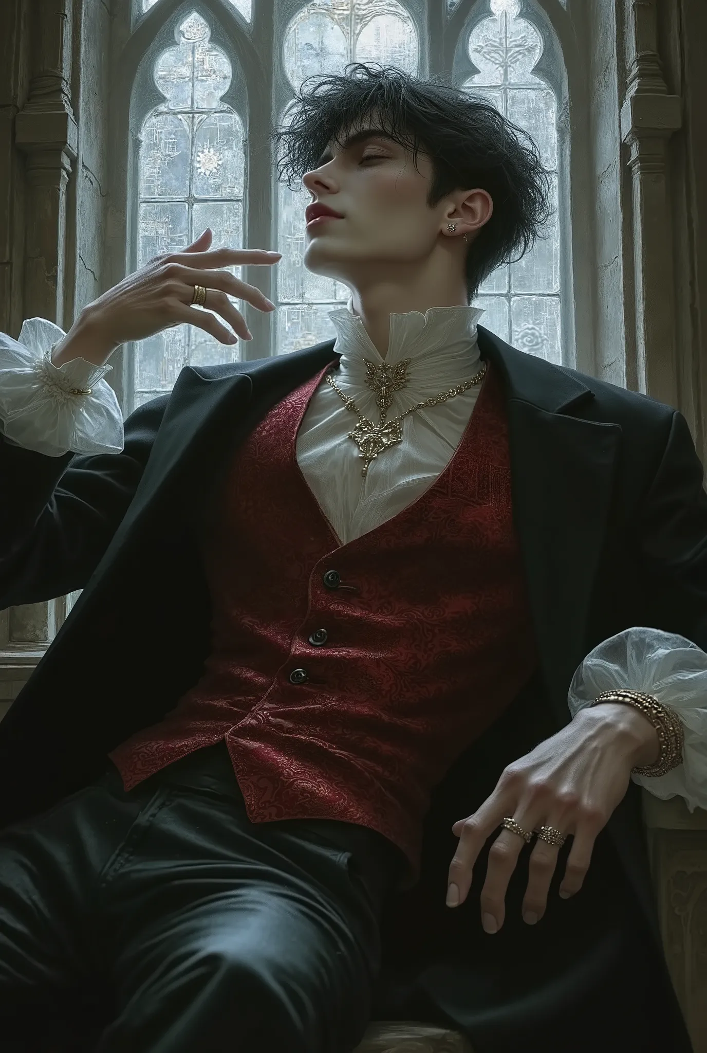 A seductive dark-haired man, around 23 years old, with tousled black waves and piercing grey eyes, posing in an extreme foreshortened angle from below. The view starts from his legs, emphasizing his strong thighs, narrow waist, and broad shoulders as he le...