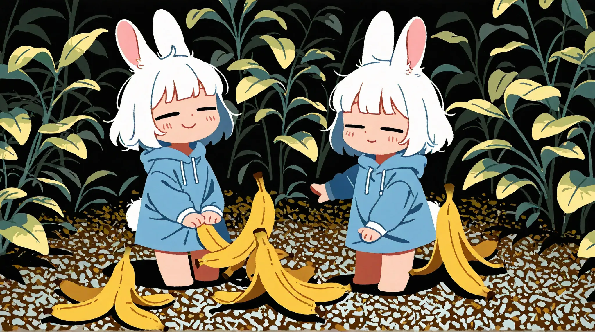 1girl\(cute, chibi, fluffy rabbit ears\(swaying\), short white hair,bangs, gently closed eyes, long eyelash, throwing banana skin, sitting on hip at ground,(blue hoody dress)\). BREAK . detailed background of photorealistic jungle, orangutan smiling, cute...