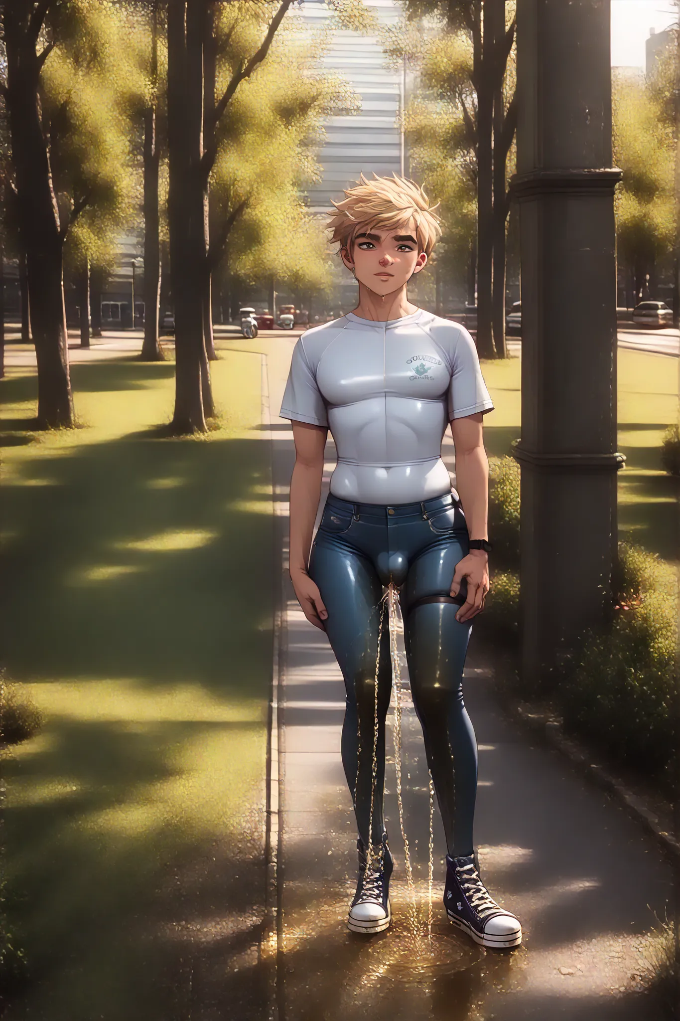 1boy, blonde hair ,on a empty street, the sporty boy, is standing. He wearing (black extra high converse knee-high sneakers:1.8), (skintight jeans-leggings:1.8) that cling to his legs like a second skin. (peeing self:1.8), (peeing:1.8) (dynamic angle, stan...