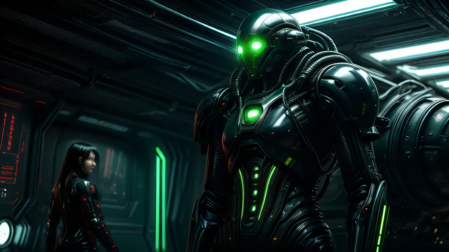 Cyberpunk art of one,Abonnieren,Cyberpunk-Stil,A female astronaut in a sleek futuristic space suit fires a high-tech energy weapon at an alien creature that has infiltrated the spaceship. The monstrous being is hit — bright green alien blood splashes from ...