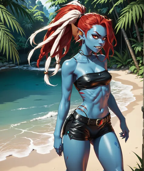 Slender body. Blue skin. Cute 18-year-old Indonesian Undyne (from Undertale) with big Asian red eyes and unnaturally sharp teeth and dreadlocks (white and red hair) and red gills. Sharp and pointy teeth. She has a cute and beautiful face. She has a round a...