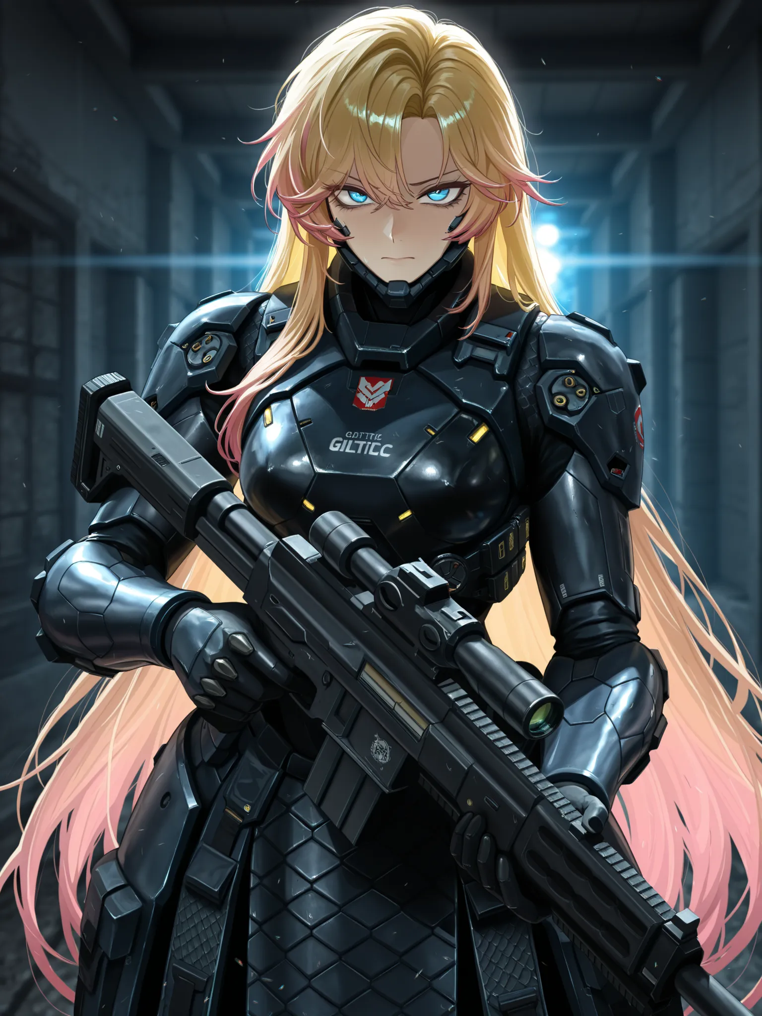 by [inoitoh|arknights|748cmstyle], in the style of Wuthering Waves, CG art, game art, messy background, warcore, cybernetic, (chaotic, glitching:1.4), backlighting, warm lighting, manwha, webtoon, scenery, accented lights, 1girl, solo, A dynamic close up s...