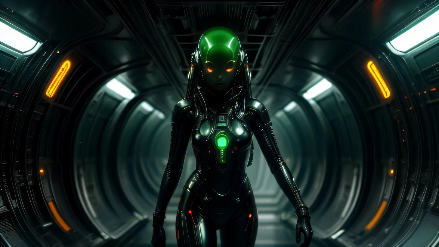 Cyberpunk art of one,Abonnieren,Cyberpunk-Stil,A female astronaut in a sleek futuristic space suit fires a high-tech energy weapon at an alien creature that has infiltrated the spaceship. The monstrous being is hit — bright green alien blood splashes from ...