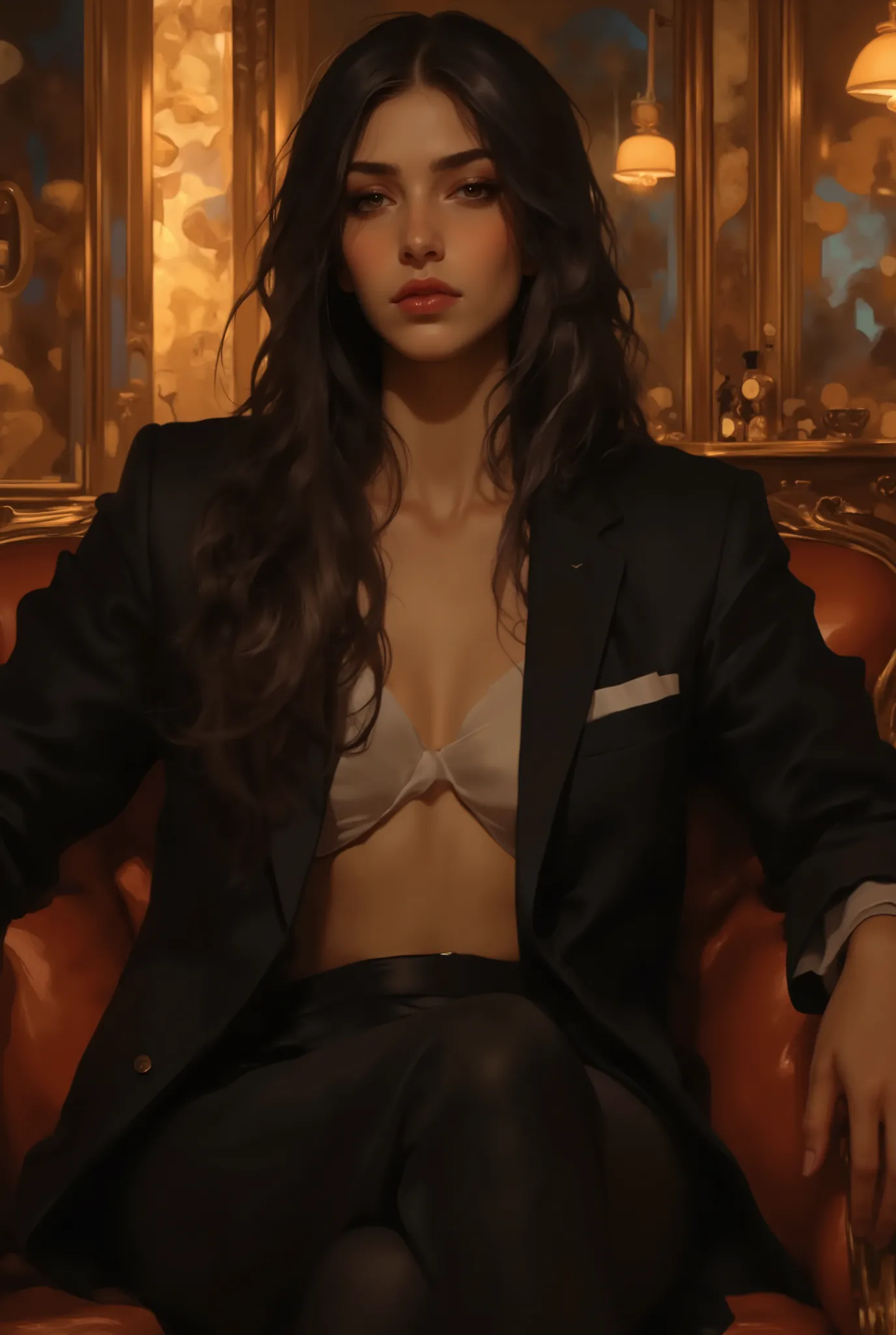 ((Highest Quality、masterpiece、high sensitivity、high resolution、detailed depiction, medium-shot、Ｆvalue：6.0),((Slender Woman, dark skin, long straight dark hair), black unbuttoned business blazer, no shirt underneath、sitting on the luxury exotic sofa, sleek ...