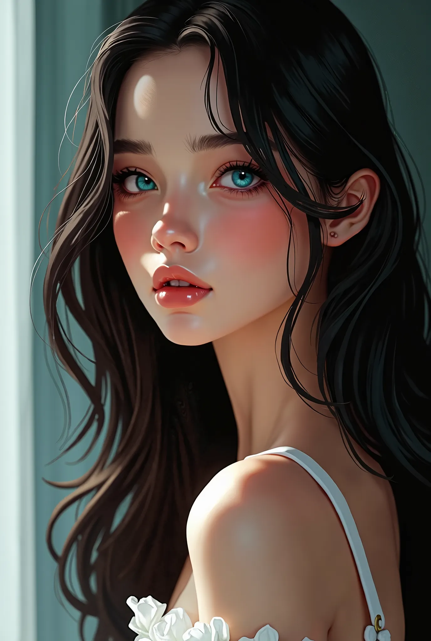 The image is a digital illustration that depicts a beautiful young girl with long dark hair. She has expressive turquoise almond-shaped eyes. Expressive makeup. Black eyeliner. Dark eyebrows. The lips of a natural shade are slightly parted. An indifferent ...