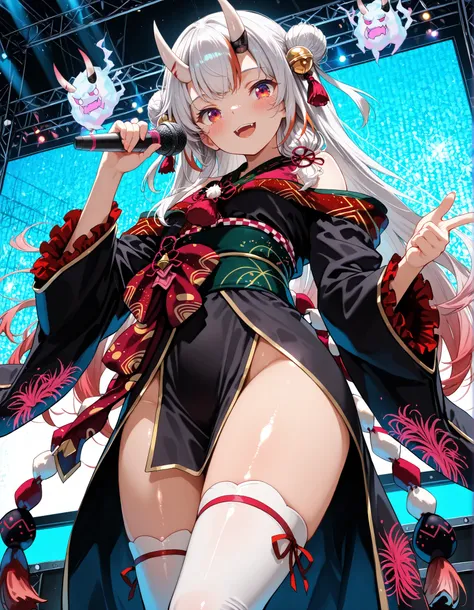 high quality, masterpiece, detailed, 8K, beautiful lighting, five fingers, anime style, vibrant colors, A girl is spotlighted on a stage with various colored lights, and behind her is a large monitor with the Hololive logo displayed on it. The girl is sing...