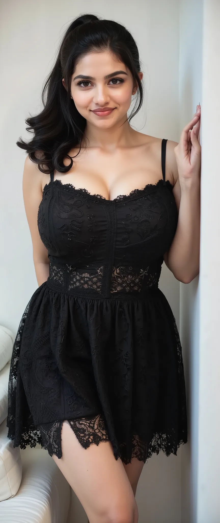 Day scene, close up photo of a women , standing  in white bedroom background  settings seduce pose   facing front , huge . black lace short lace skirt  and blace lace strapless square neck top . Square neck , big cheeks, curvy, red  lips , , , erotic face,...