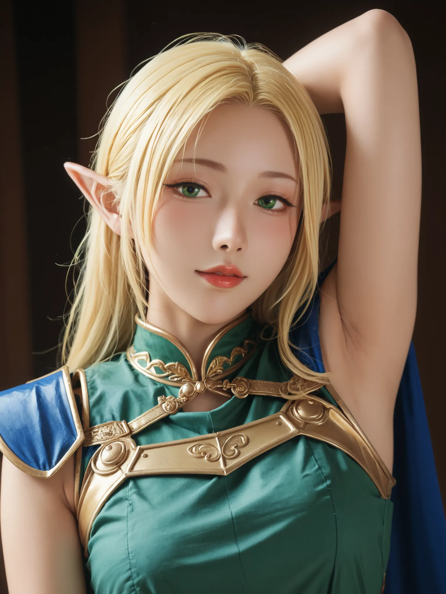 top quality, masterpiece,watching viewers,Show me your armpits,1girl,deedlit,solo,とがったElf耳,Blonde,Elf,Gold Framed Blue Shoulder Armor,Green Tunic,Deedlit,