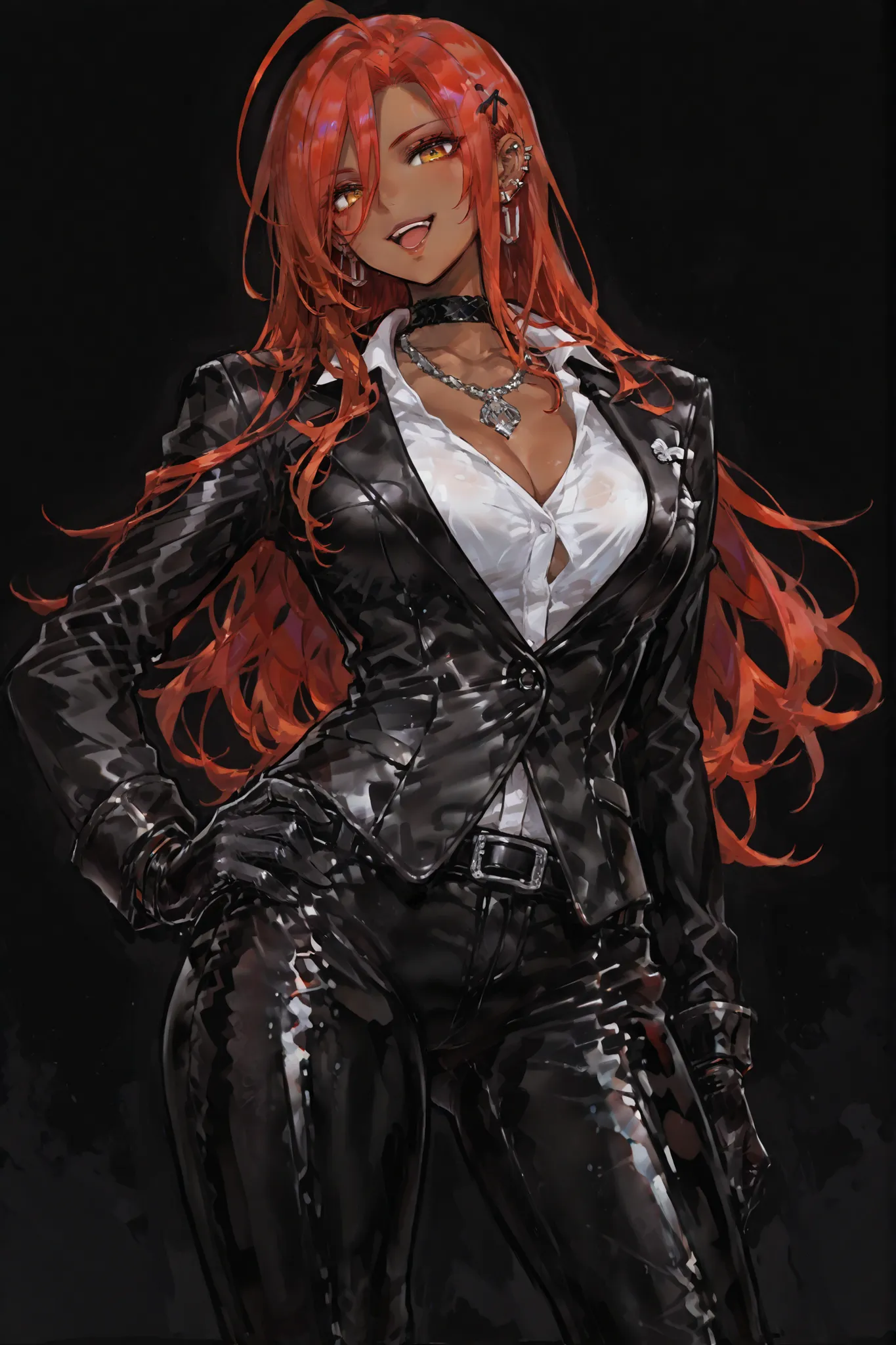 adult female、((Dark Skinned Woman、long crimson hair))((piercings、necklace))((Black Business Suit、black tailored jacket、white shirt with chest visible、black pantsuit、black leather gloves)) (One hand is on his hip) (malicious expression、Back、is laughing eeri...