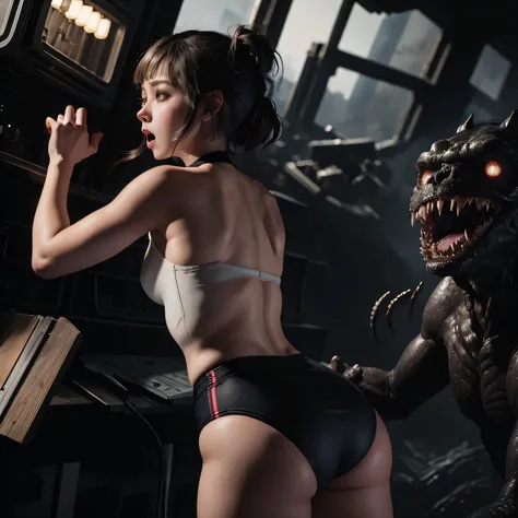 Girl, wearing a Black gymnastics bloomers,high leg ,white blouse、Scared girl、shout、Convulsing with fear、Girl being attacked by a monster、Girl caught by monster、be killed、There are a lot of monsters in the background、Girl surrounded by monsters、Solo,back sh...