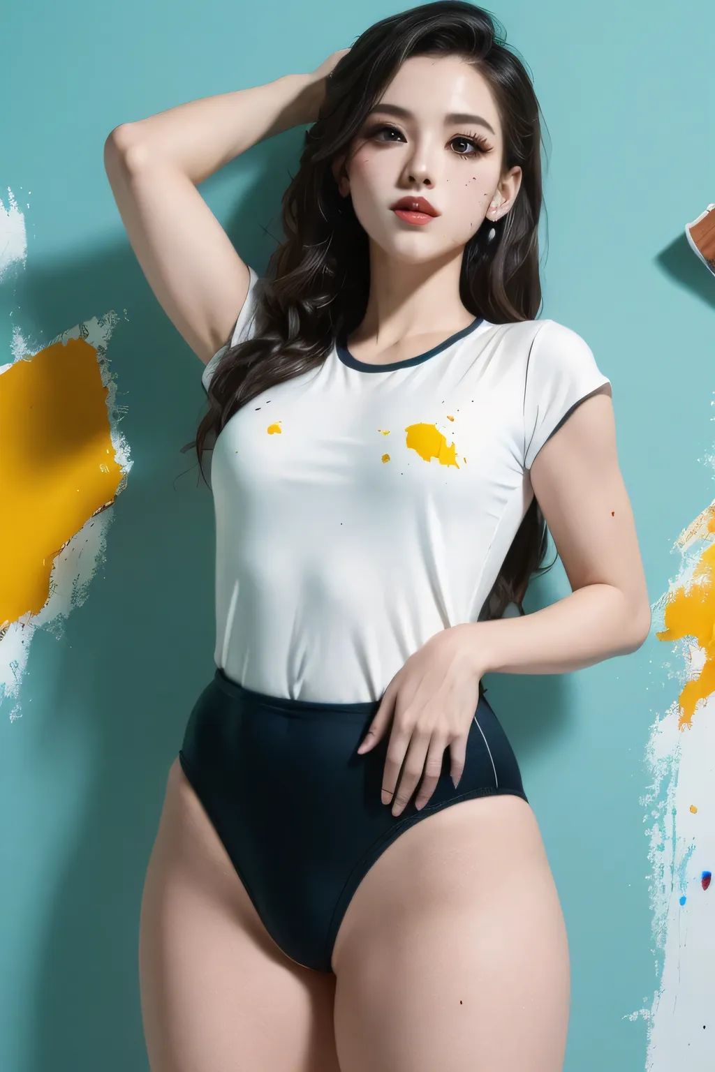 masterpiece,best quality,ultra-detailed,1girl,colorful,full body,paint splatter,wearing a Black gymnastics bloomers, High leg、white blouse, cowboy shot、