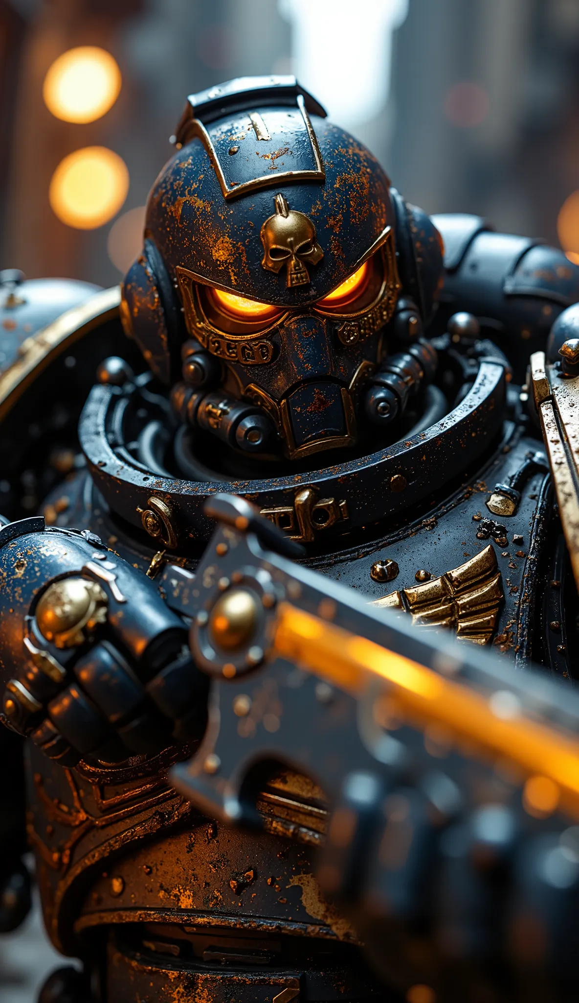 cinematic shot from the movie,  close , The Ultram40k, holding a combat knife, dressed in power armor. with the rich, bright colors and careful study of the textures of his power armor and helmet,  vignette, very detailed, hips, capricious,  epic, film gra...