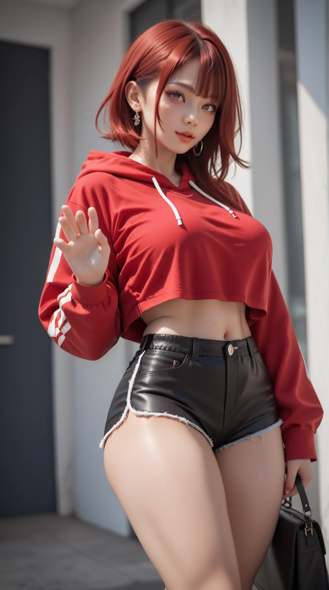 Sweet and Poisonous Woman in red hoodie costume, big breasts  ,short pants , raise her hand,side angle