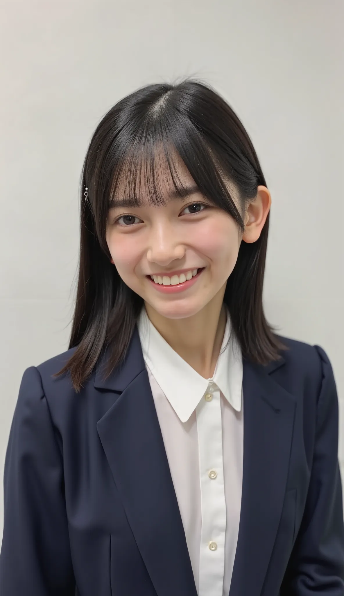Neat Young Woman、and look at the camera、office lady suit、jacket、shirt、首から下げた社員証、、ear piercing、、smile showing teeth、背景はオフィス