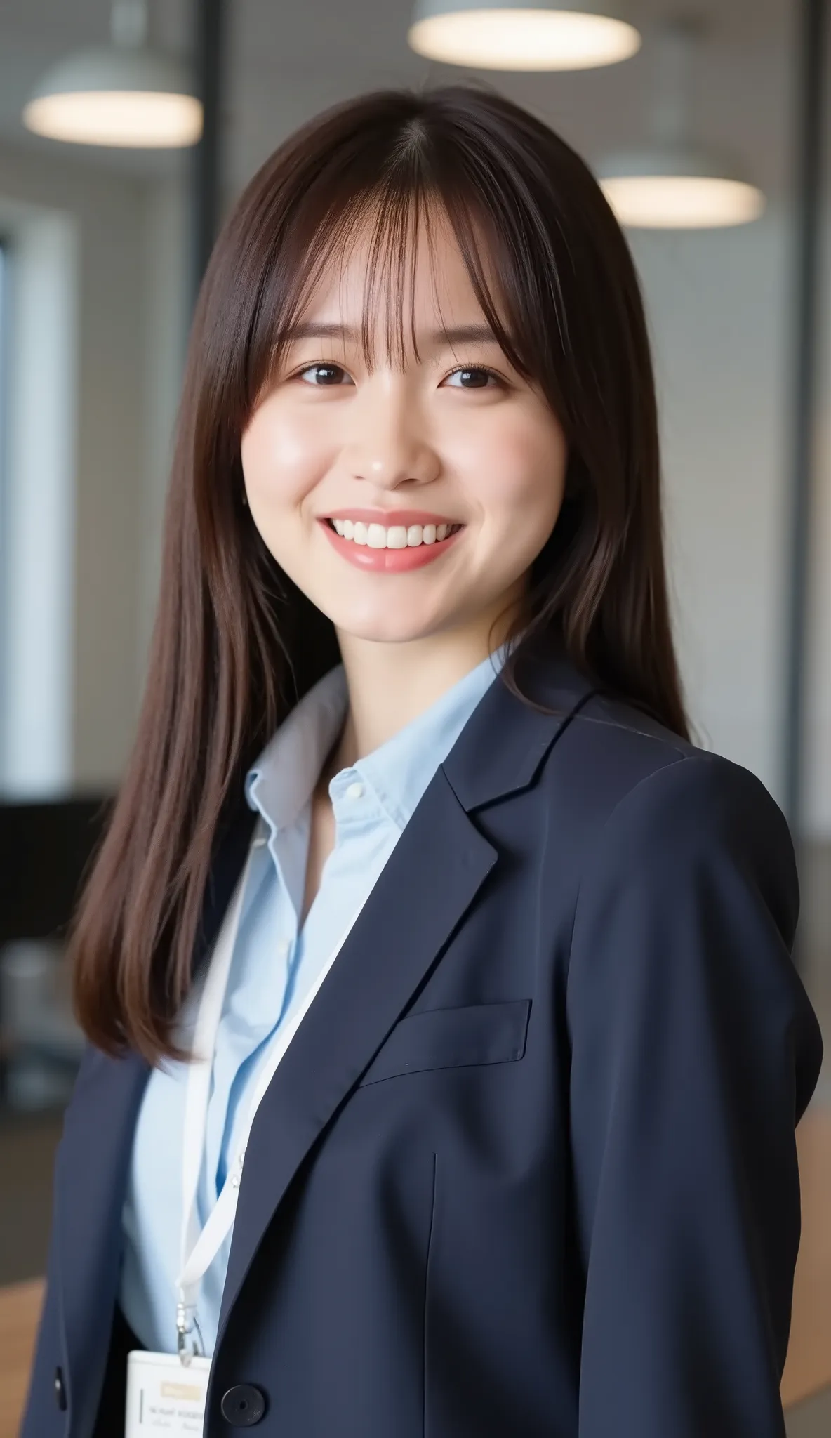Neat Young Woman、and look at the camera、office lady suit、jacket、shirt、 employee ID hanging from the neck 、、ear piercing、hairstyle semi-long、 黒に限りなく近い茶髪、、smile showing teeth、background is office

