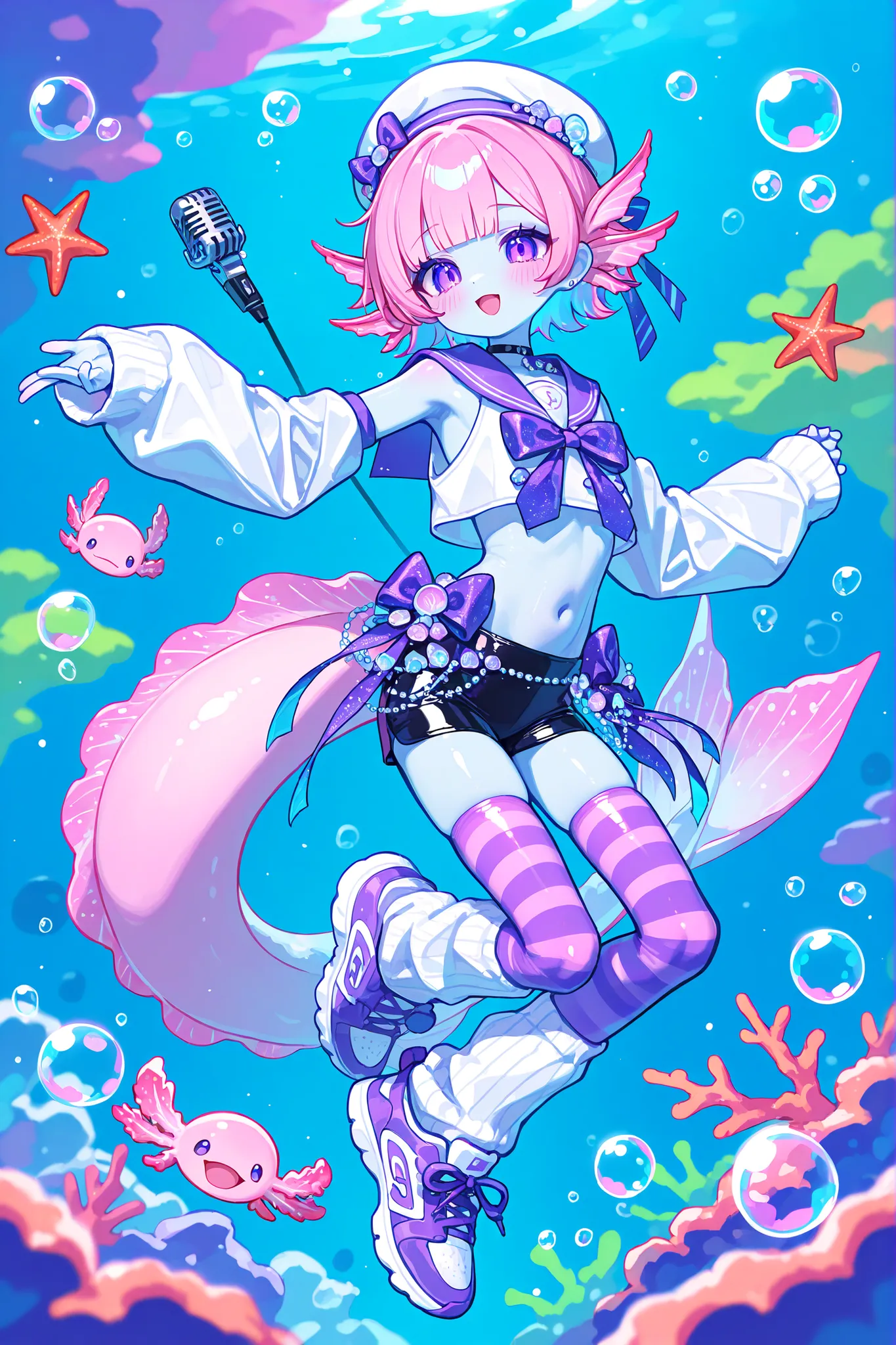 (male/boy character) The femboy idol. Beastman/furry/anthropomorphic axolotl. He has light pink skin covered with blush. He has a petite, flat-chested androgynous body structure. He has two-tone emerald-purple eyes. pink short hair with Korean undercut hai...