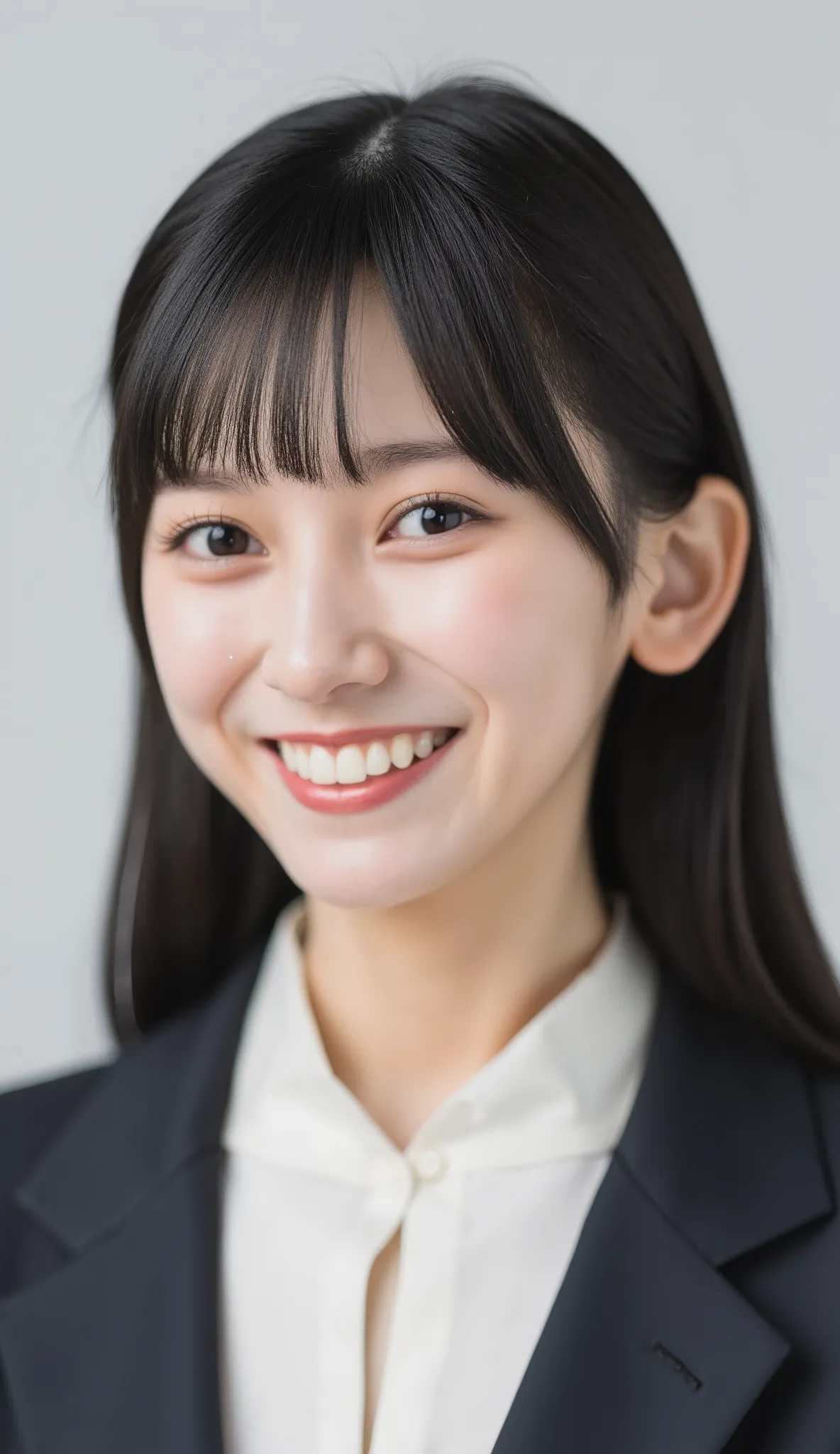 Neat Young Woman、and look at the camera、office lady suit、jacket、shirt、首から下げた社員証、、ear piercing、、smile showing teeth、背景はオフィス
