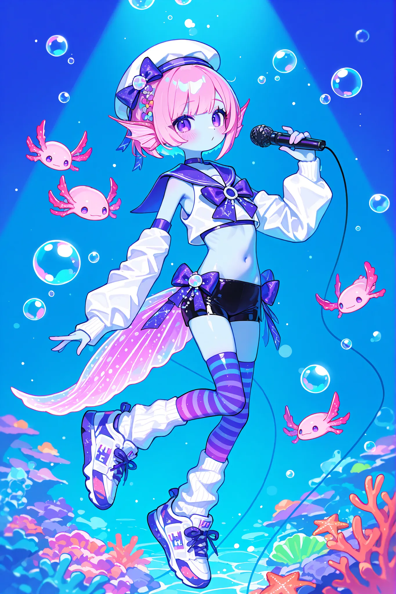 (male/boy character) The femboy idol. Beastman/furry/anthropomorphic axolotl. He has light pink skin covered with blush. He has a petite, flat-chested androgynous body structure. He has two-tone emerald-purple eyes. pink short hair with Korean undercut hai...
