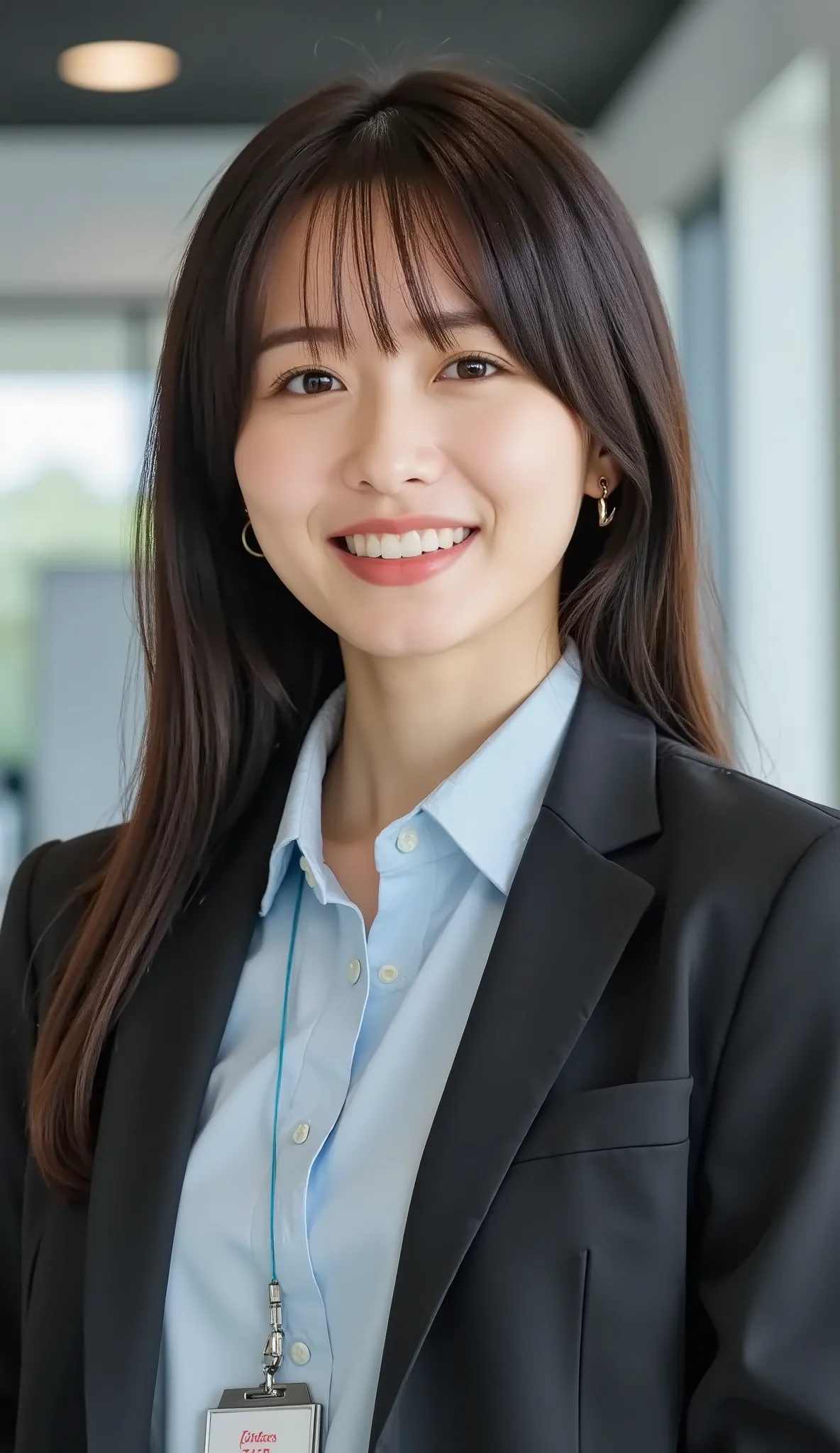 Neat Young Woman、and look at the camera、office lady suit、jacket、shirt、 employee ID hanging from the neck 、、ear piercing、hairstyle semi-long、 黒に限りなく近い茶髪、、smile showing teeth、background is office

