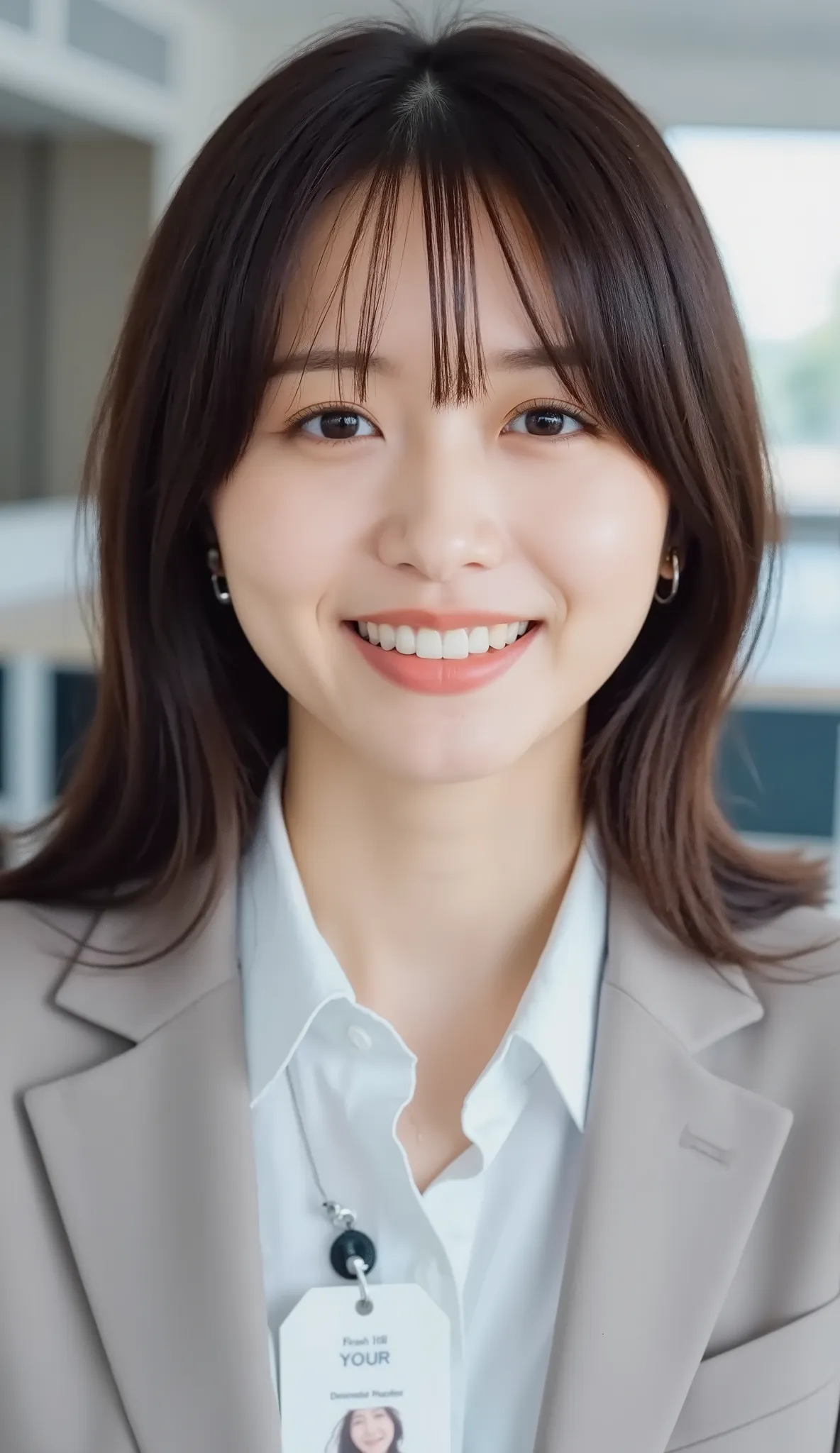 Neat Young Woman、and look at the camera、office lady suit、jacket、shirt、 employee ID hanging from the neck 、、ear piercing、髪型ショートカット、、 黒に限りなく近い茶髪、、smile showing teeth、background is office
