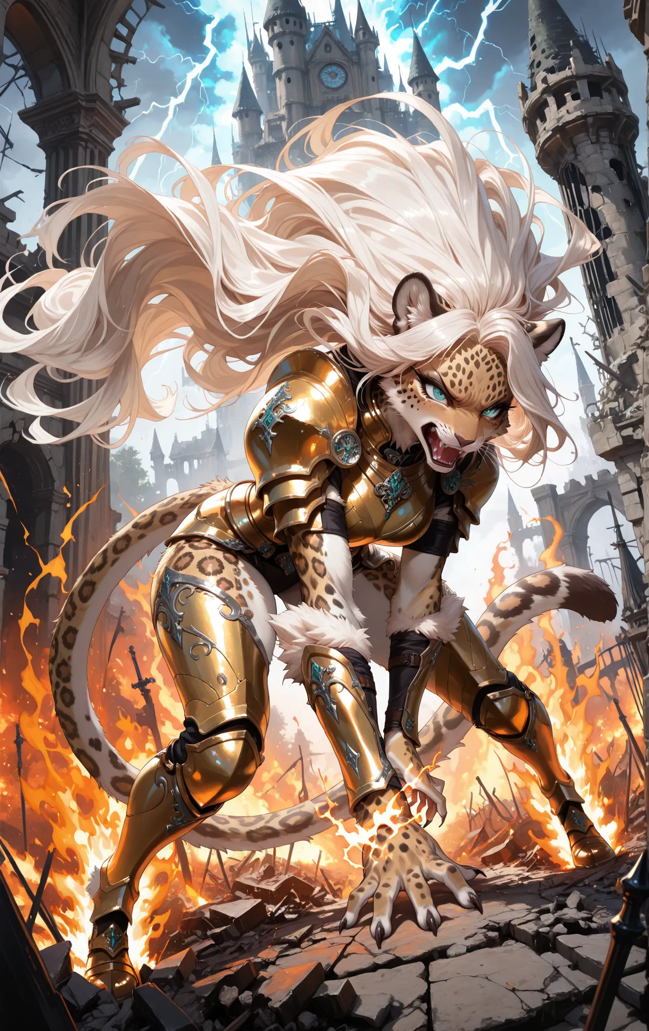 (masterpiece, detailed:1.2), semi-realistic, hyper-detailed, (female anthro leopard, Anthropomorphic leopard, furry female leopard), fierce, gradient hair, hissing expression, snarling gestures, claws out, beautiful detailed eyes, aqua eyes, thick and long...