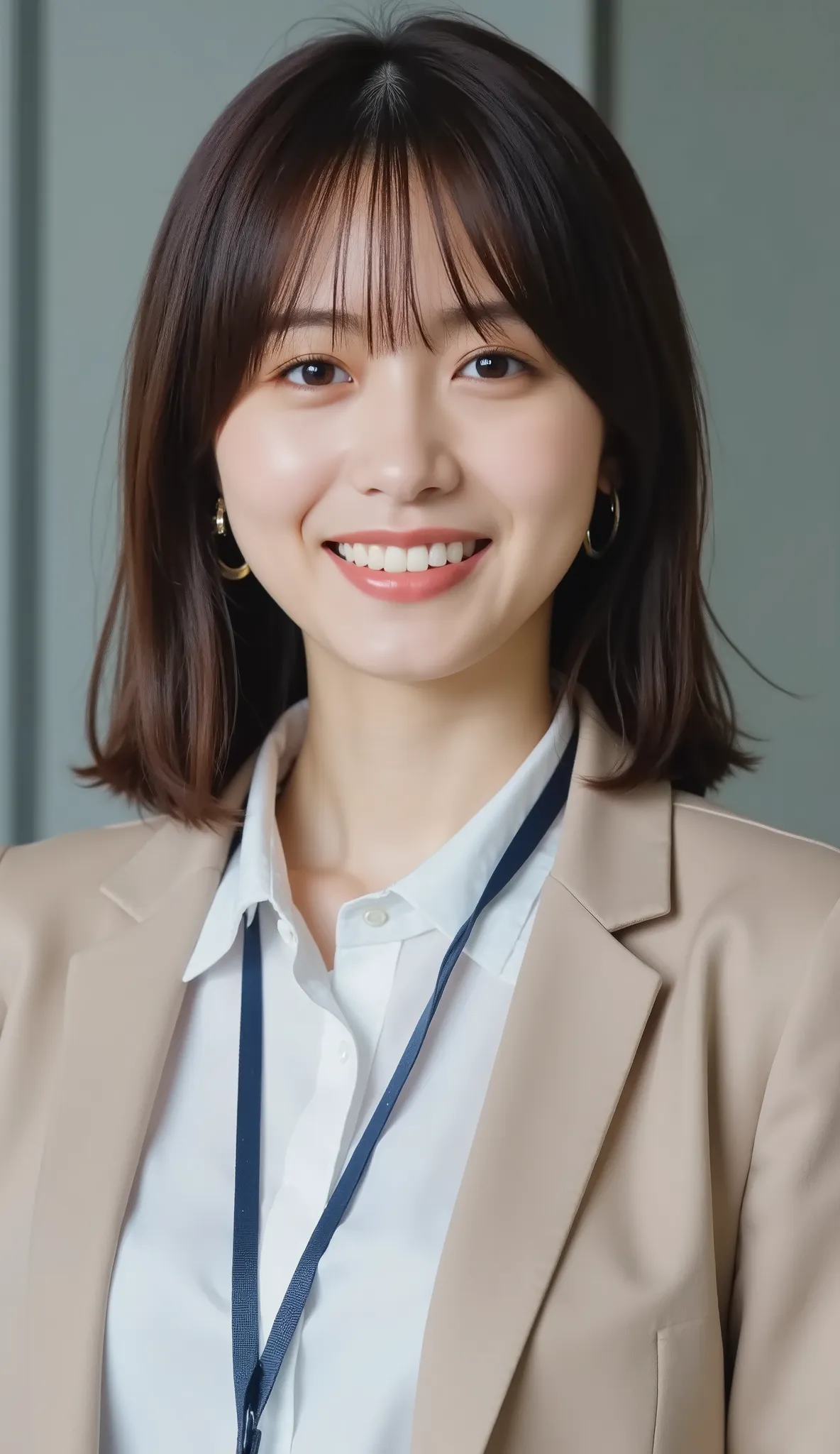 Neat Young Woman、and look at the camera、office lady suit、jacket、shirt、 employee ID hanging from the neck 、、ear piercing、髪型ショートカット、、 黒に限りなく近い茶髪、、smile showing teeth、background is office
