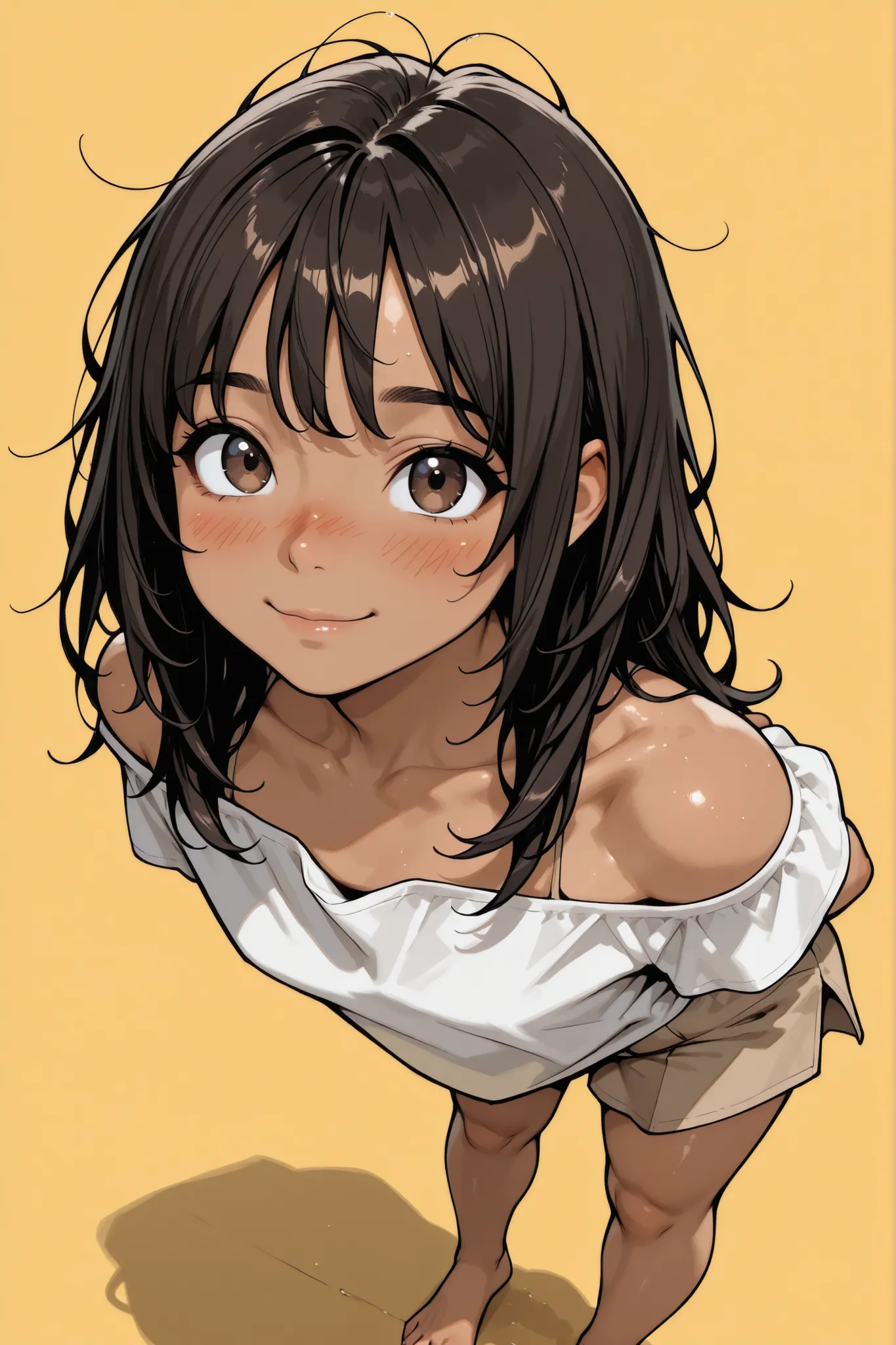 (1 Boy),(like a girl),Super Detailed,absolute resolution,(dynamic angles),(tanned skin:0.3),portrait,((pinup)),standing,[[leaning forward]],arms behind back,oversized white off-shoulder shirt,(Plain shirt),(untucked shirt),brown mini Culottes,barefoot,deta...