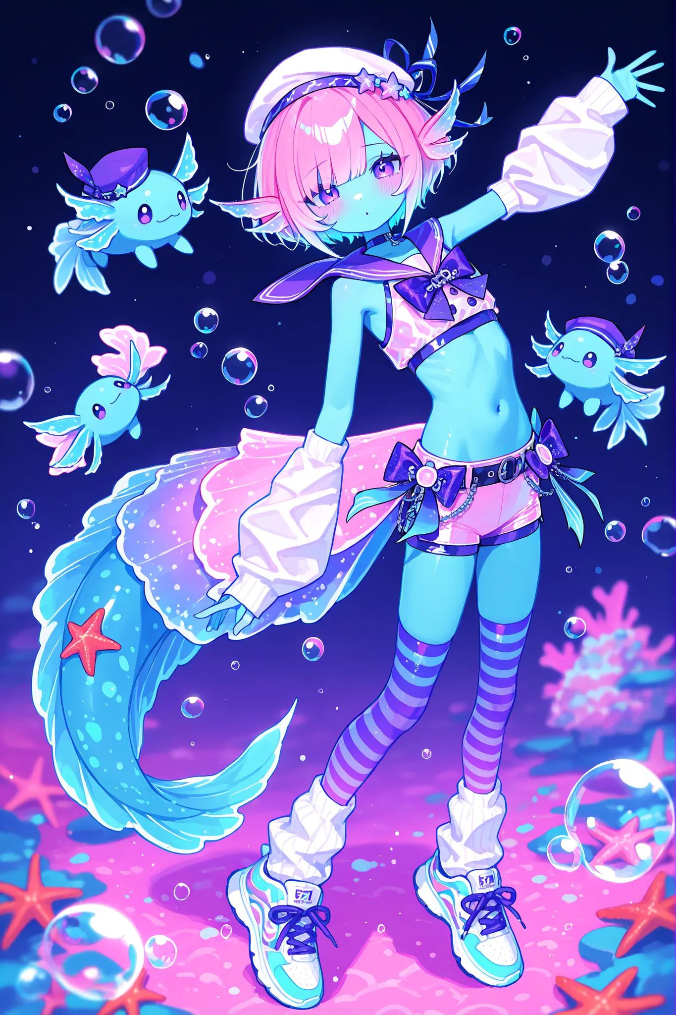 (male/boy character) The femboy idol. Beastman/furry/anthropomorphic axolotl. He has light pink skin covered with blush. He has a petite, flat-chested androgynous body structure. He has two-tone emerald-purple eyes. pink short hair with Two-block haircut. ...