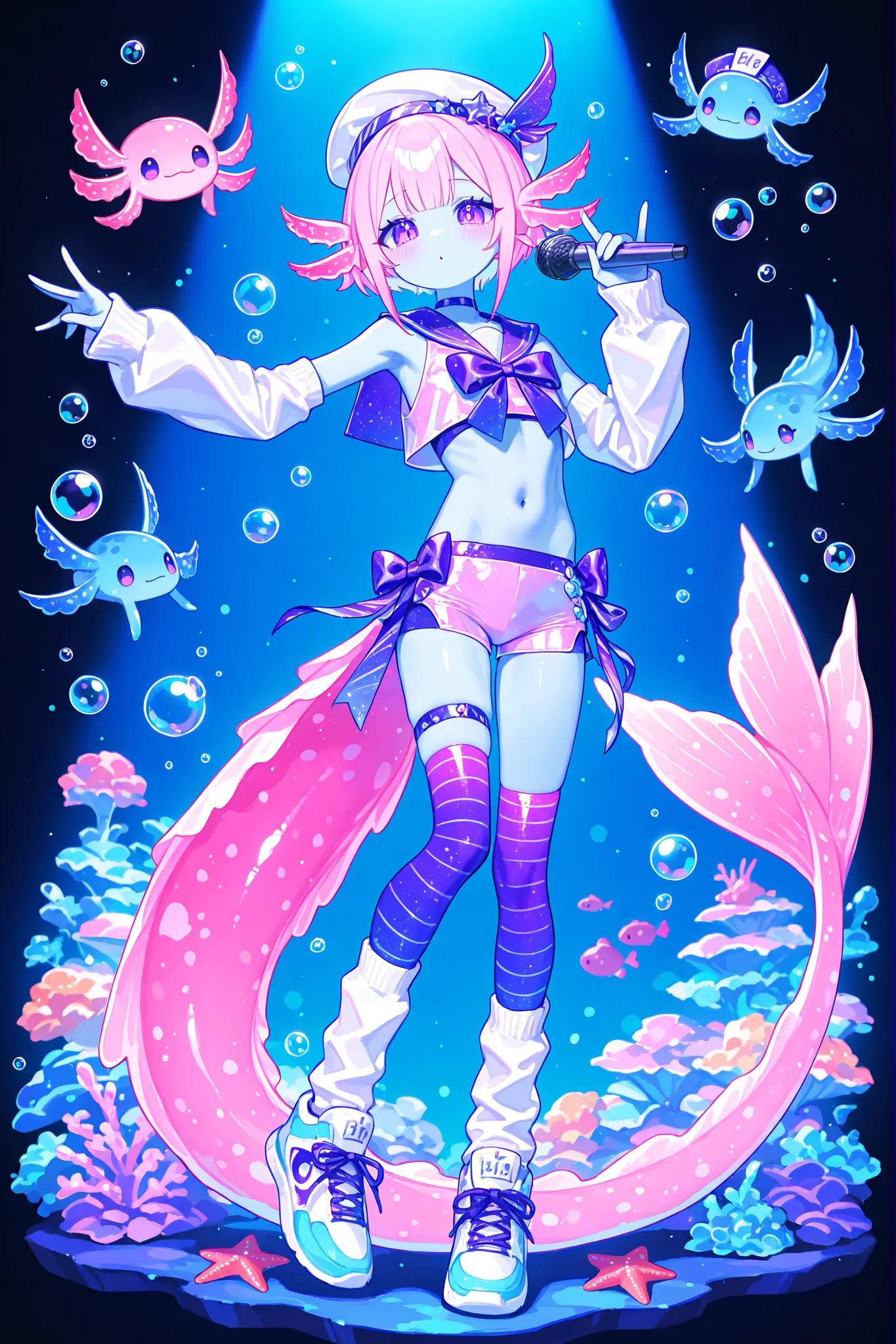 (male/boy character) The femboy idol. Beastman/furry/anthropomorphic axolotl. He has light pink skin covered with blush. He has a petite, flat-chested androgynous body structure. He has two-tone emerald-purple eyes. pink short hair with Two-block haircut. ...