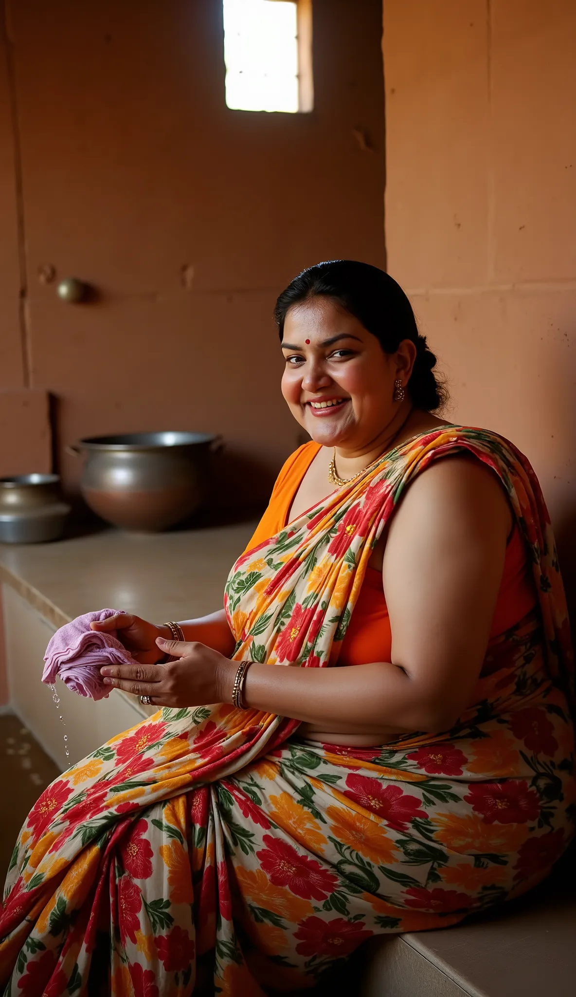 A beautiful Indian woman resembling chubby and old 40 years old Katerina Kaif with big fat face and extra large chubby figure sitting inside bathroom, wearing a colorful saree with floral patterns half sleeveless and more fat hands. She is washing clothes...