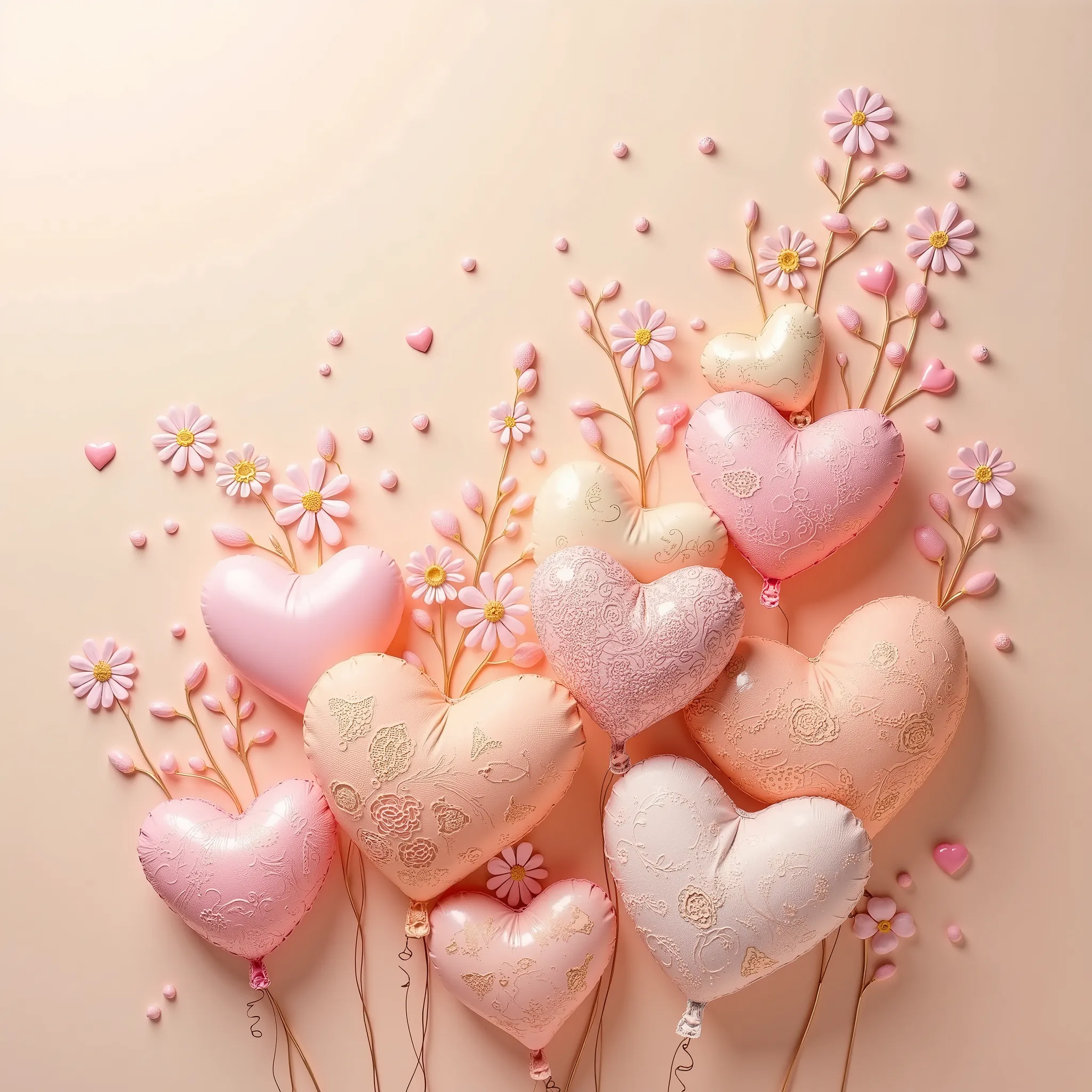 In this enchanting image, an array of heart-shaped balloons in varying shades of pink and cream are artistically arranged against a soft, peach-toned background. Each heart is adorned with intricate, lace-like patterns that add an element of delicate sophi...