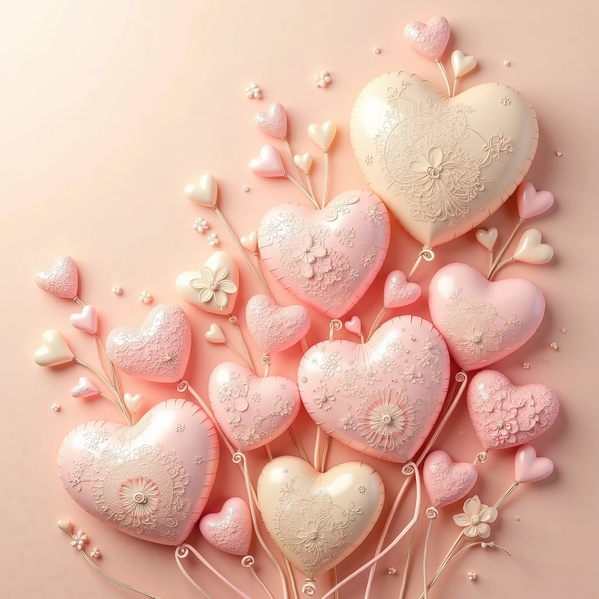 In this enchanting image, an array of heart-shaped balloons in varying shades of pink and cream are artistically arranged against a soft, peach-toned background. Each heart is adorned with intricate, lace-like patterns that add an element of delicate sophi...