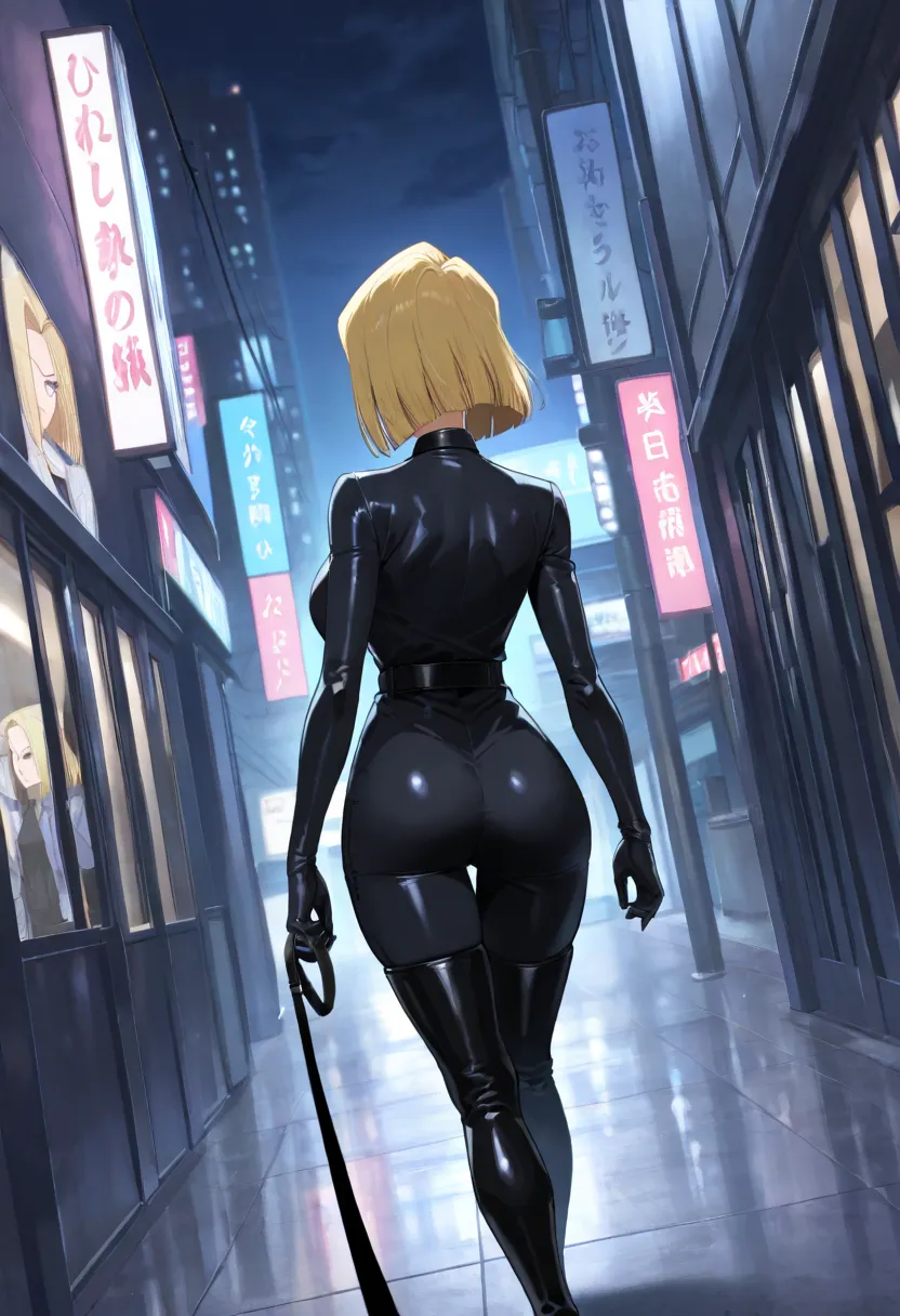 one girl , Alone, Android 18, black latex bodysuit , black boots, blck thigh boots、 black tights、evil, look behind, from behind、 general , Masterpiece, top quality, So Aesthetic , anime screen capture , Big Breasts、 dutch angle, general , Masterpiece, top ...