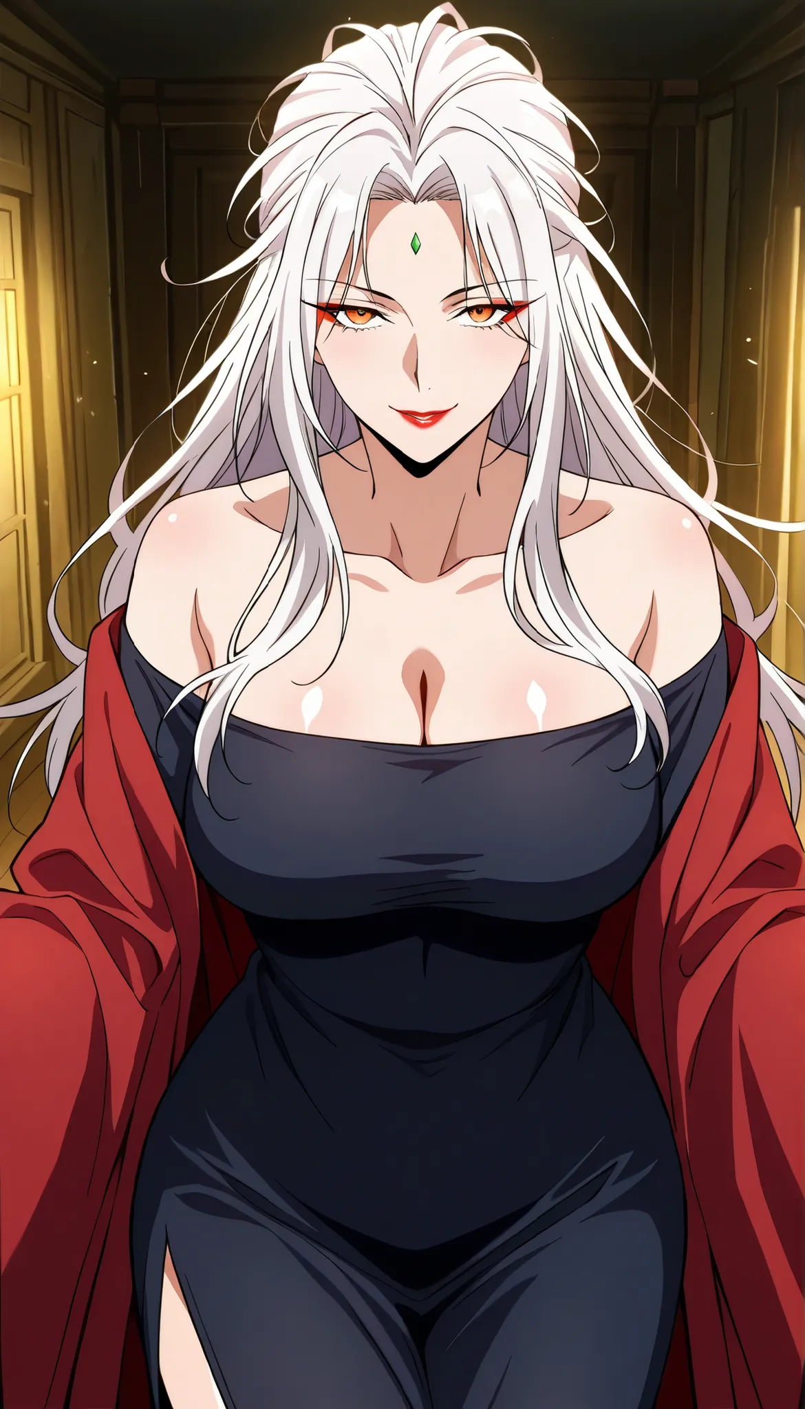 1girl, mature female, older, big breasts, milf, motherly, wide hips, long hair, messy hair, white hair, orange eyes, eyeliner, red lips, black dress, slit dress, senter slit dress, slit from senter dress, red robe, wide sleeves, off-shoulder, score_9, scor...