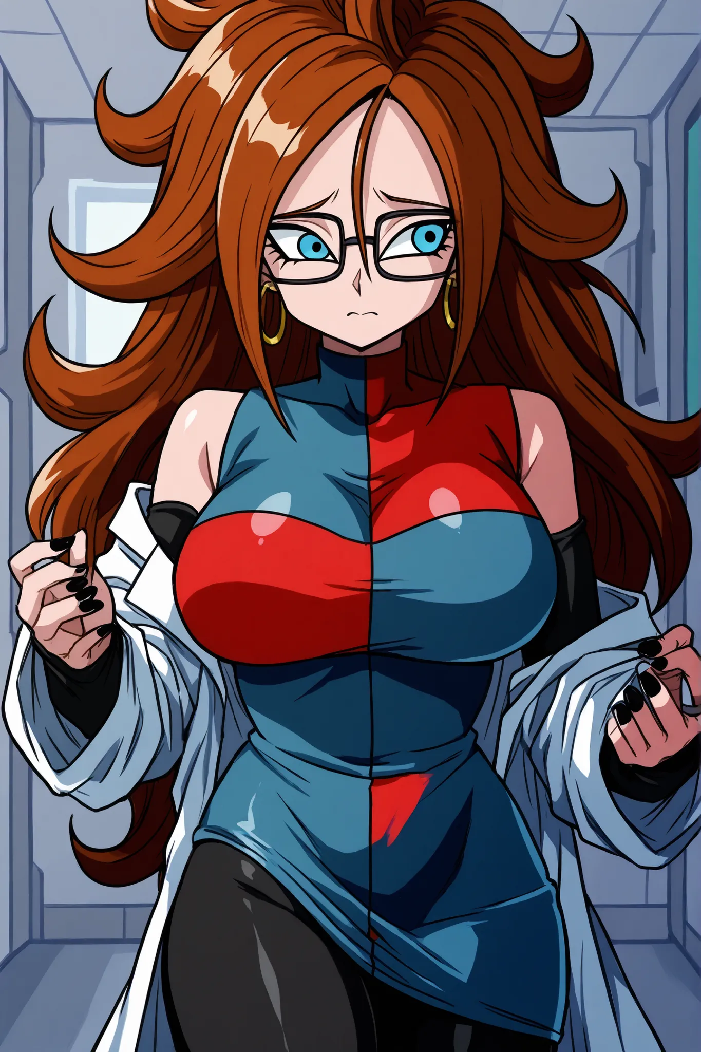 android 21, blue eyes, brown hair, glasses, long hair, very long hair, black-framed eyewear, scared, close mouth, black sleeves, checkered clothes, checkered dress, detached sleeves, dress, lab coat, turtleneck, indoors, Black pantyhouse looking to the rig...