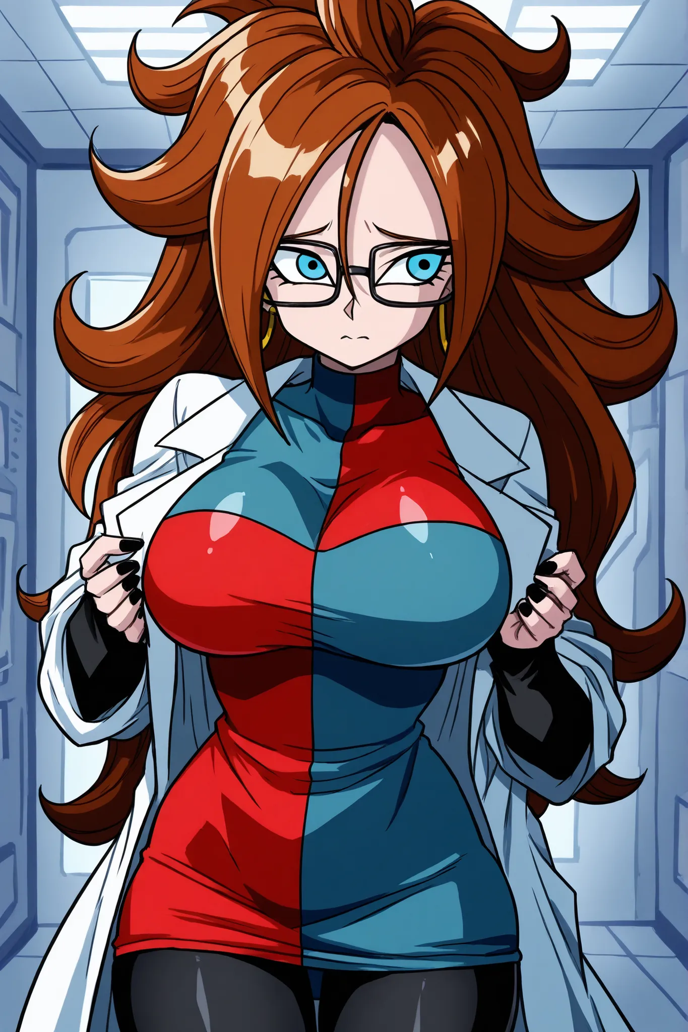 android 21, blue eyes, brown hair, glasses, long hair, very long hair, black-framed eyewear, scared, close mouth, black sleeves, checkered clothes, checkered dress, detached sleeves, dress, lab coat, turtleneck, indoors, Black pantyhouse looking to the rig...