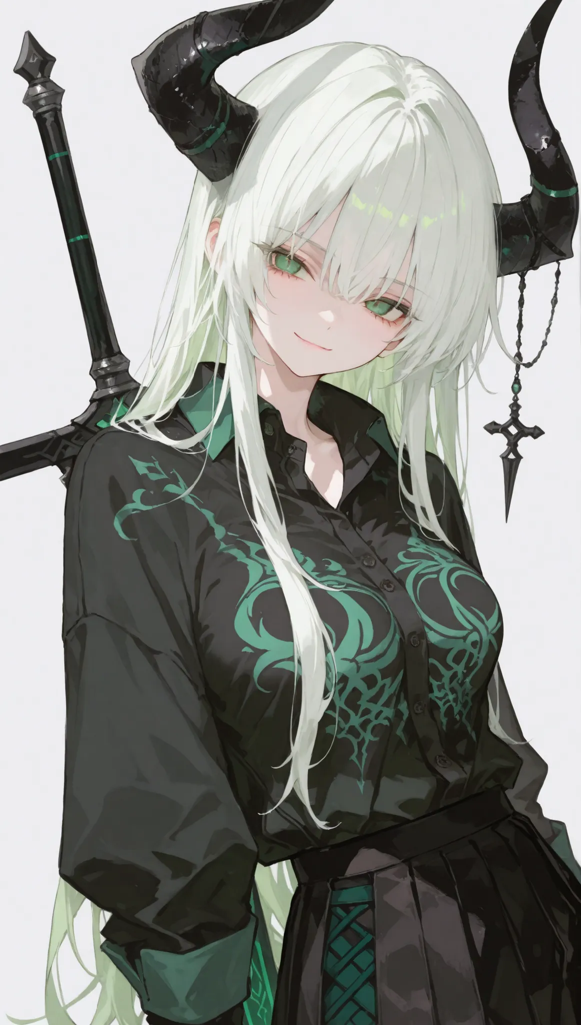 girl,white hair,in green eyes,long hair,,Black Shirt,Tights,Too long sleeves,Knight pants,girlอสูร,Pleated skirt,gray background, middle breasts, tomboy,, white lining,There are horns on the side, huge horns ,viewer view, black horn,collared shirt, stand u...