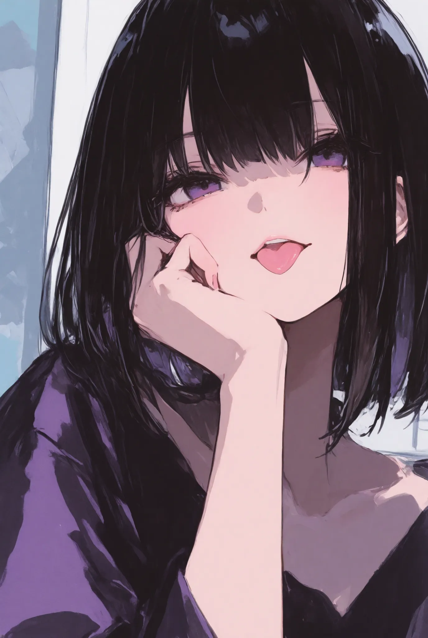 dark haired、purple inner、Zoom on face、place your hand on your cheek, piece、、close your mouth and push your tongue out、beautiful woman、masterpiece、nice、Non-sexual