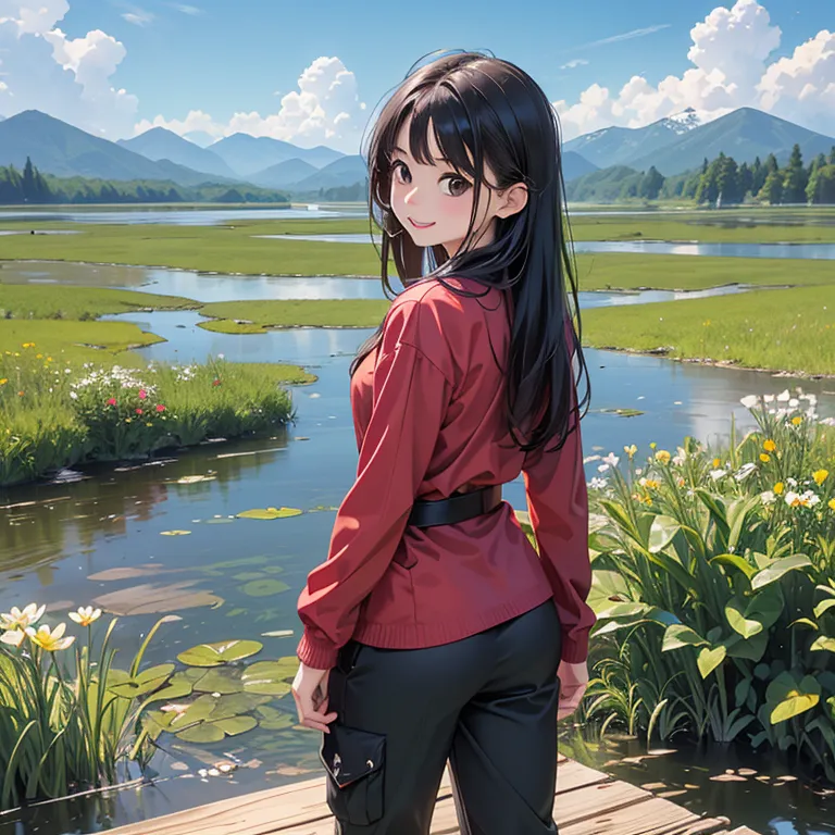((top quality)),((amazing)),(details),young girls,1girl,One person、upper body、using an oxygen pump、long hair、brown eyed girl 、An endless wooden path、((Open wetland、遊歩道の上を歩く、large swamp on the right))、(stopping and watching the vast scenery、mountains on the other side of the swamp、pretty little flowers on the wooden path々),Smile Yang。((red check long sleeve、light green trekking pants))、非常にdetailsなCG、（perfect hands walking on the boardwalk、Five Fingers、perfect finger、Perfect Arms、Perfect Anatomy)