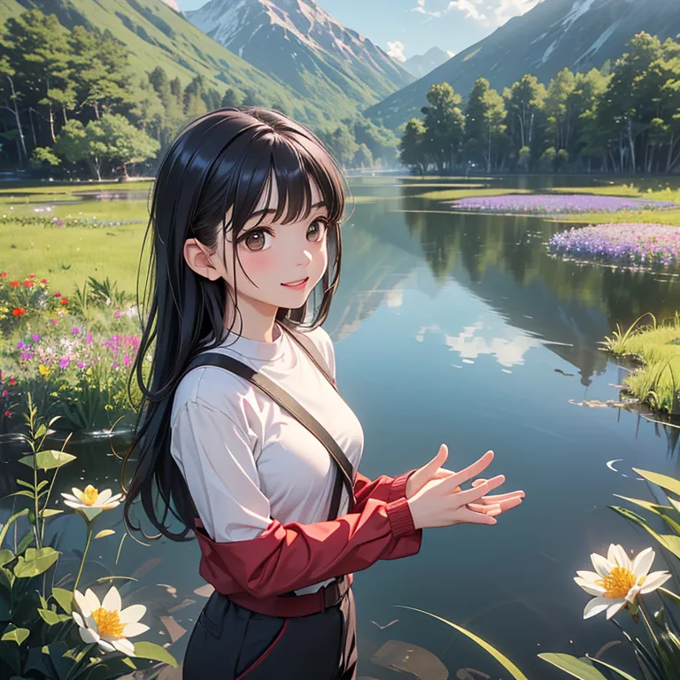 ((top quality)),((amazing)),(details),young girls,1girl,One person、upper body、using an oxygen pump、long hair、brown eyed girl 、An endless wooden path、((Open wetland、Walk on the promenade、large swamp on the right))、(Stopping and watching the vast scenery、mountains on the other side of the swamp、Pretty little flowers on the wooden path々),Smile Yang。((red check long sleeve、Light green trekking pants))、非常にdetailsなCG、（perfect hands、Five Fingers、Perfect Fingers、Perfect Arms、Perfect Anatomy)
