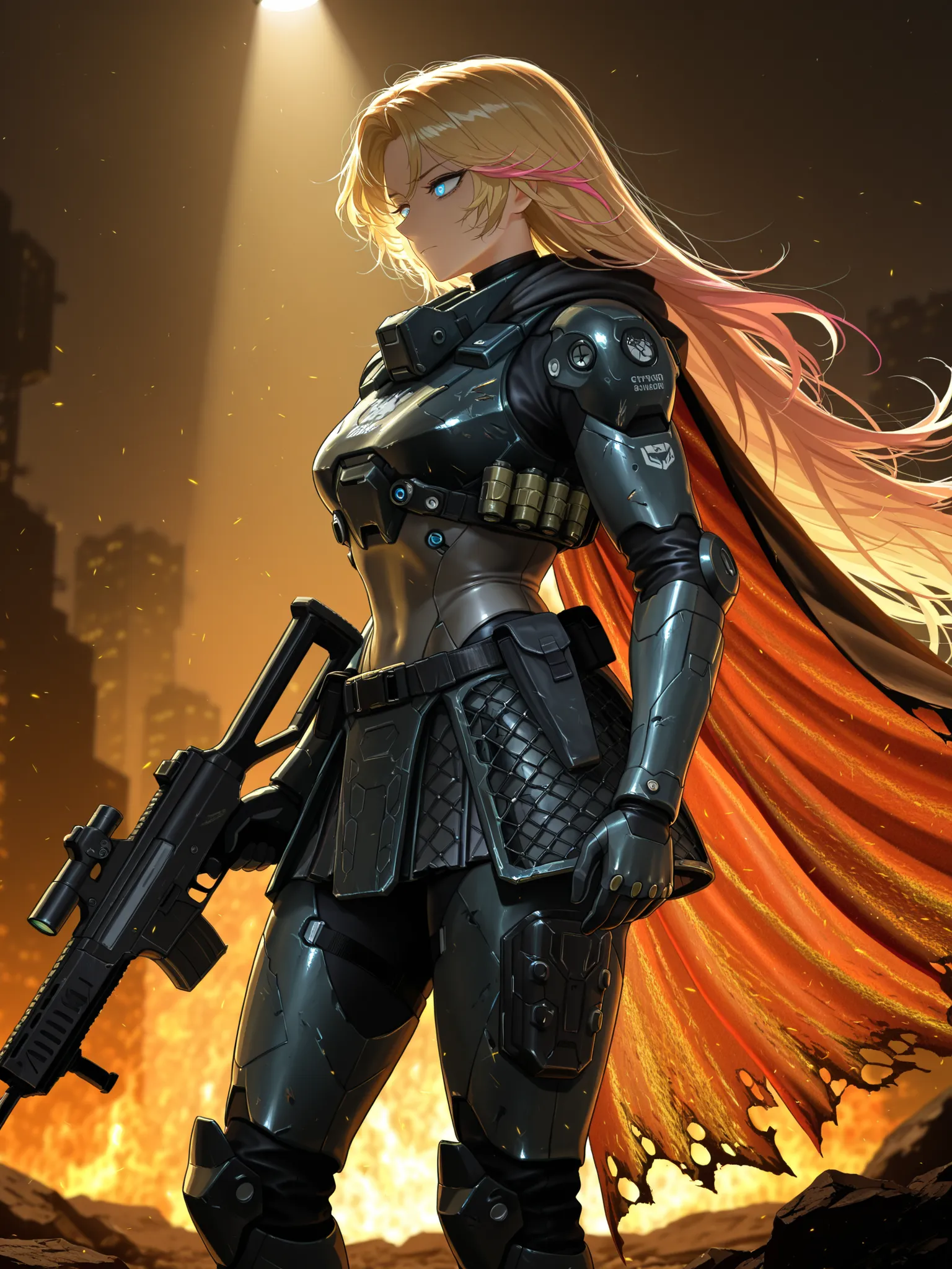 by [inoitoh|arknights|748cmstyle], in the style of Wuthering Waves, CG art, game art, messy background, warcore, cybernetic, (chaotic, glitching:1.4), backlighting, warm lighting, manwha, webtoon, scenery, accented lights, 1girl, solo, (from the side, side...